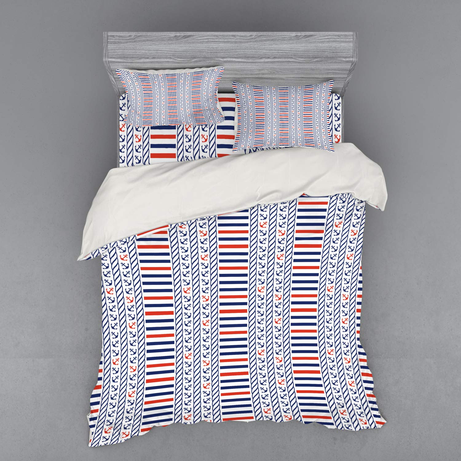 Ambesonne Nautical Duvet Cover Set - Marine Stripes Anchors Sailor Navy Design 3-Piece Bedding Set with Pillow Sham & Fitted Sheet, Queen Size, Night Blue & Orange - Perfect for Coastal Themed Bedrooms, Beach House Decor & Nautical Inspired Home Styling