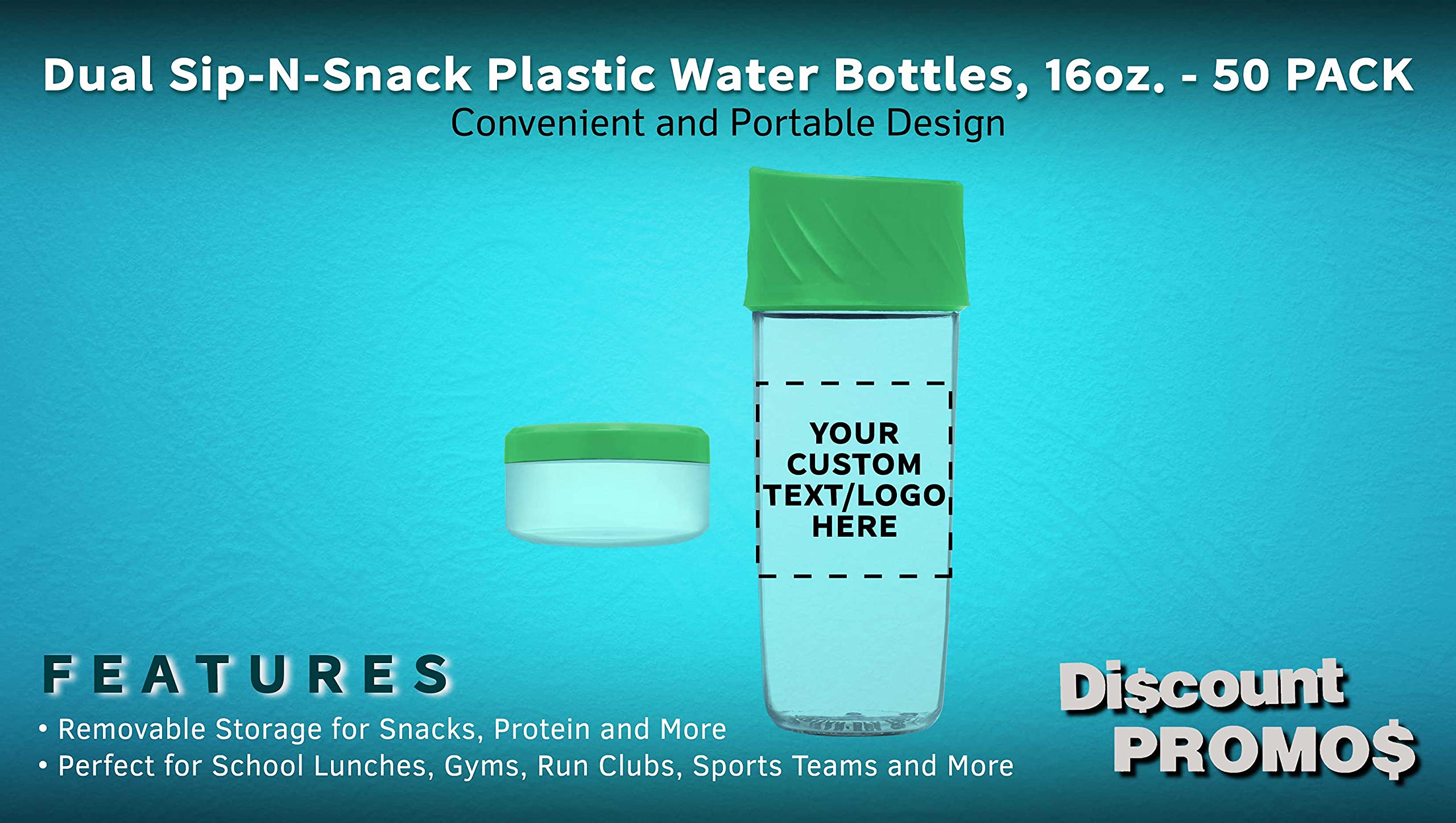 50 Pack 16oz BPA-Free Dual Sip-N-Snack Plastic Water Bottles with Screw-On Lids - Customizable Text & Logo - Bulk Reusable Drinkware for Schools, Sports Teams, Corporate Events & Outdoor Activities