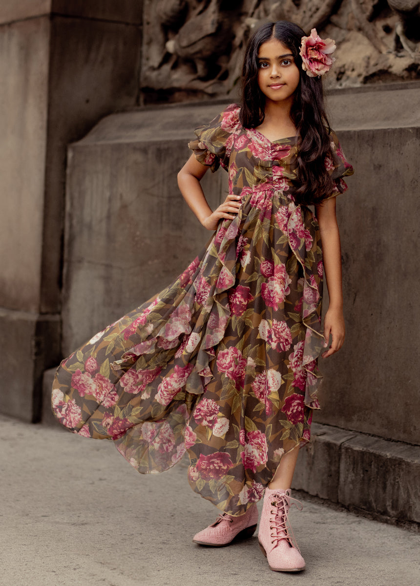 Kayden Floral Print Dress in Bistre - Elegant Women's Summer Dress for Casual Outings & Special Occasions