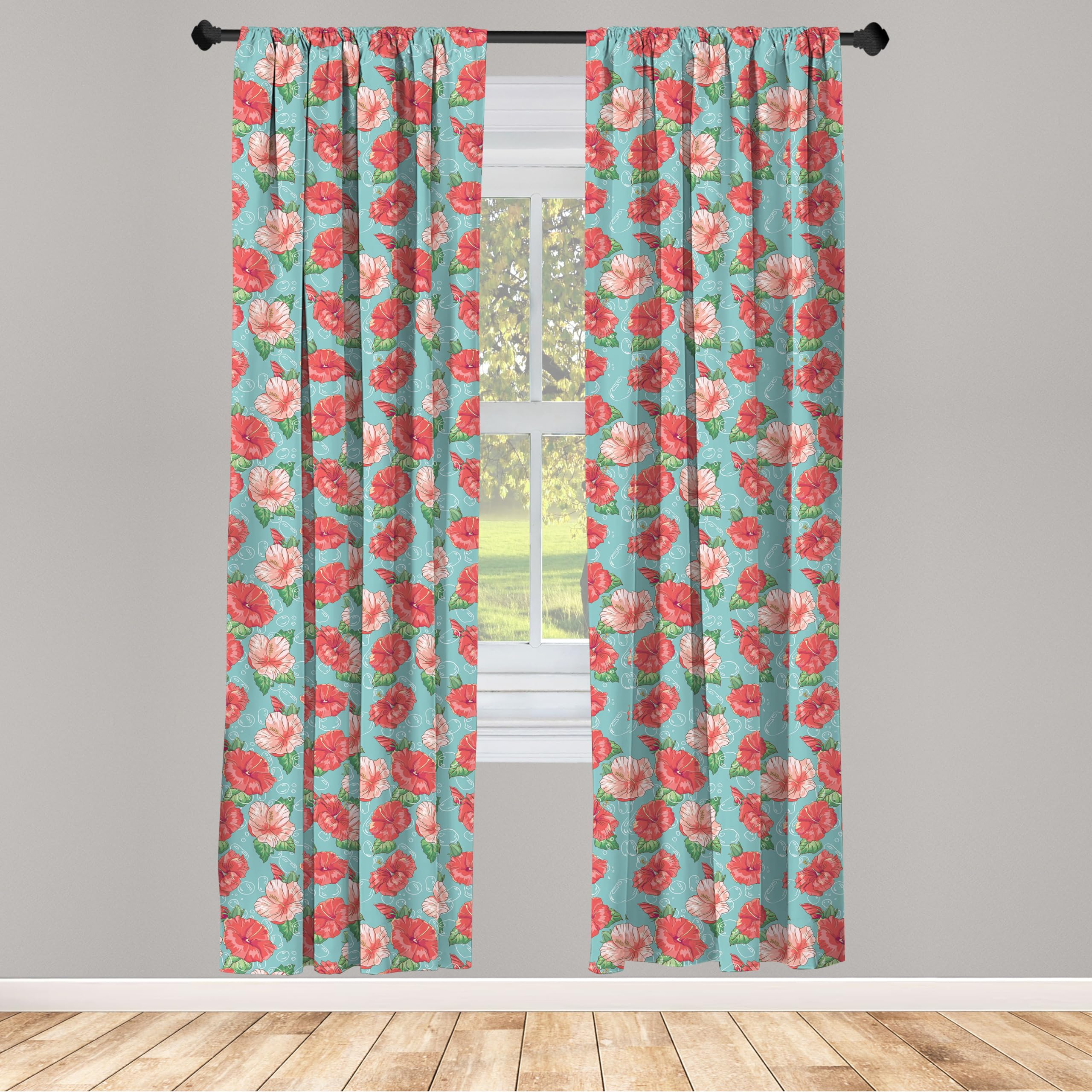Ambesonne Hibiscus Curtains - Tropical Flowers & Bubbles Print Window Panels for Living Room & Bedroom Decor, 56