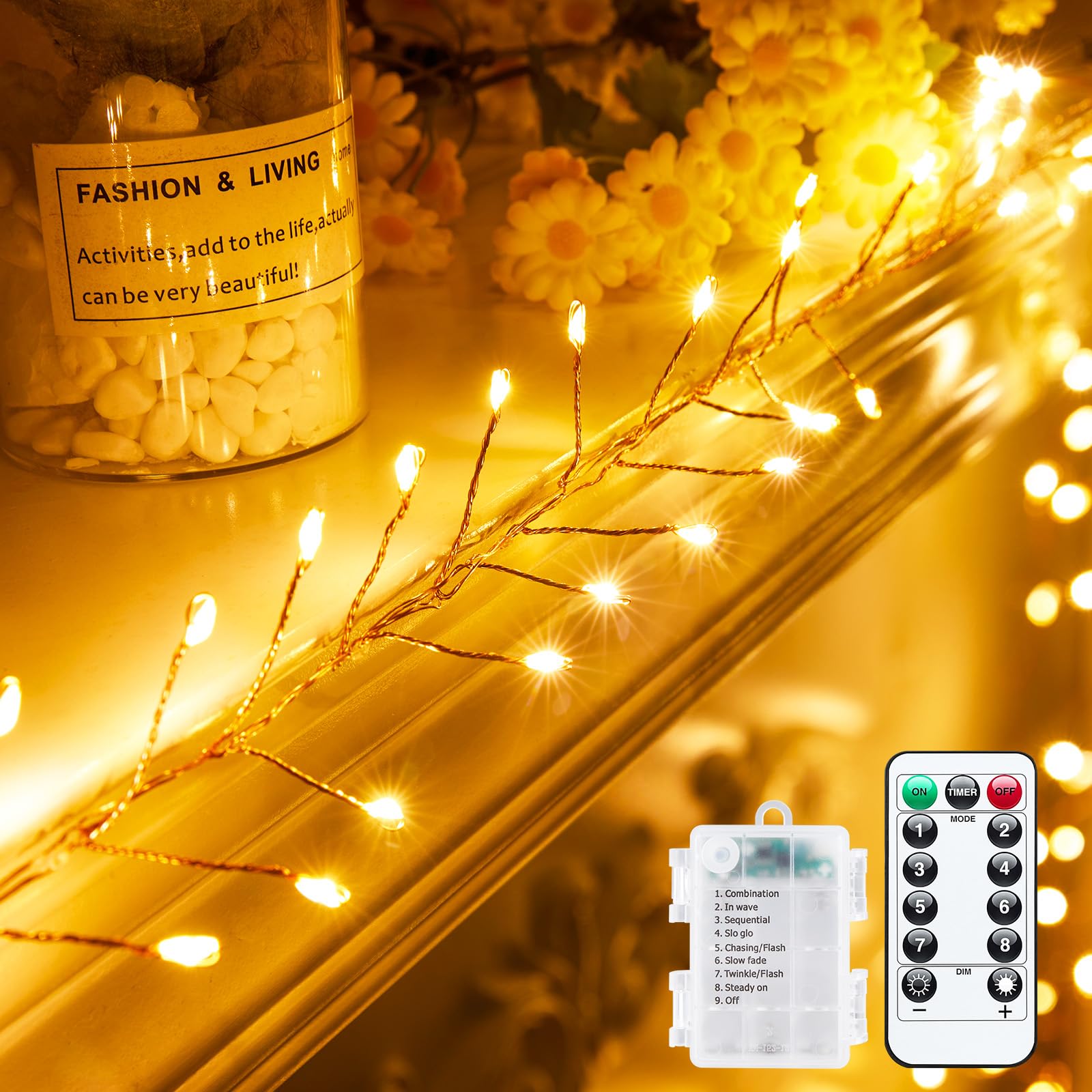 Battery Operated Fairy Lights - 10Ft 120LED Firecracker Twinkle String Lights with Remote Control | Firefly Starry Lights for DIY Wreath, Wedding, Outdoor, Indoor, Holiday & Christmas Decorations (Warm White) - Perfect for Bedroom, Garden, Party, and Home Decor