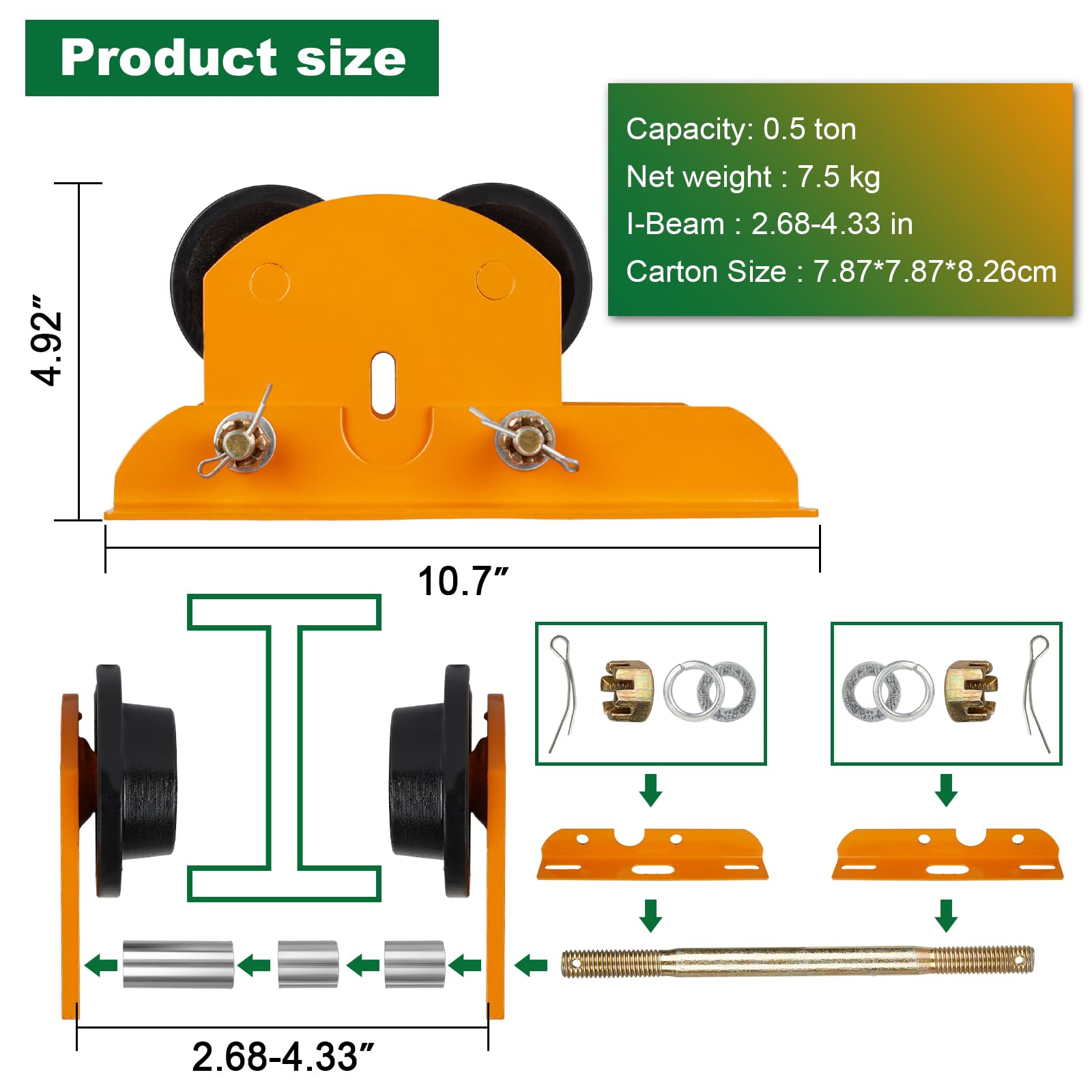 Heavy Duty 1/2 Ton I-Beam Trolley for Electric Hoist - Dual Track Rollers, Adjustable Flange & Push Geared Wheels - Wide Flange Overhead Crane System (0.5 Ton Capacity) - Perfect for Warehouses, Construction Sites & Industrial Lifting Operations