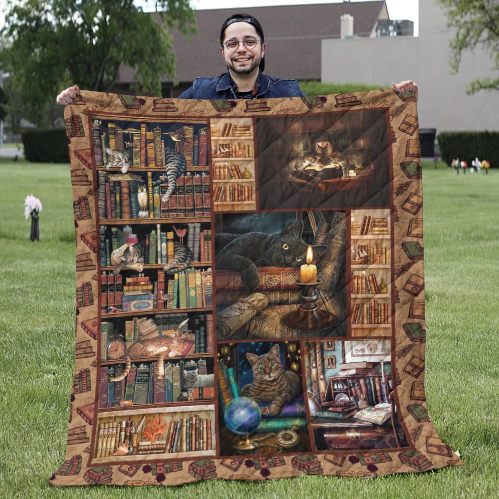 Witchy Cat Blanket - Halloween Cat with Books & Candle Design - Soft Cozy Throw for Cat Lovers (90x110 inches) - Perfect for Reading Nooks, Dorm Rooms & Witchy Home Decor