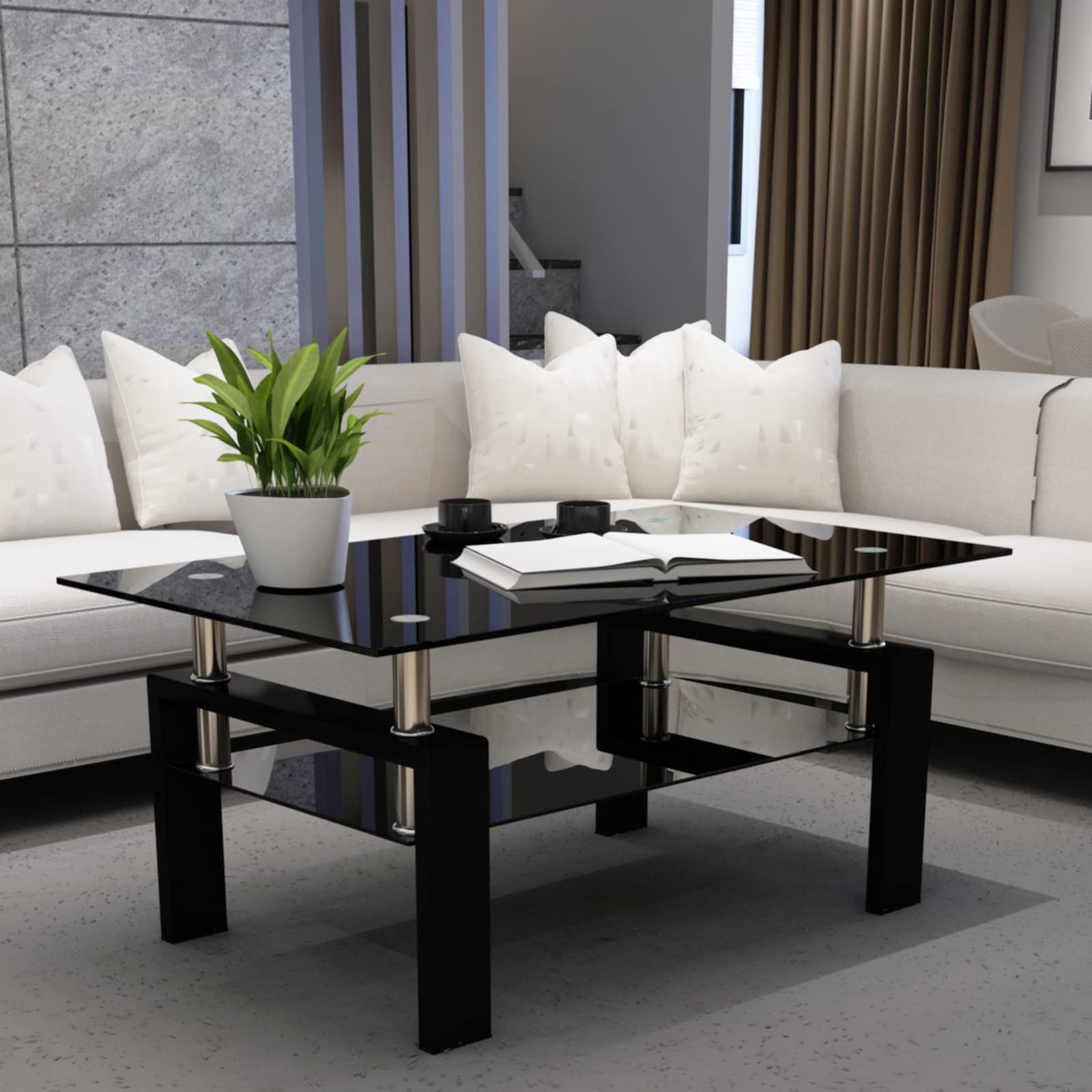 Yoglad 39 Inch Modern Tempered Glass Coffee Table with Metal Legs - 2-Tier Black Glass Top Center Table for Living Room, Office, Reception - Perfect for Entertaining Guests, Holding Drinks & Decorating Spaces