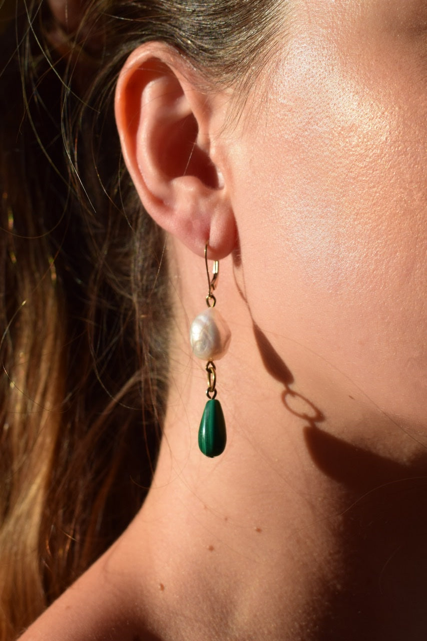Penelope Malachite and Baroque Pearl Earrings - Handmade Dangle Earrings for Women, Green Gemstone Jewelry - Perfect for Weddings, Parties & Special Occasions