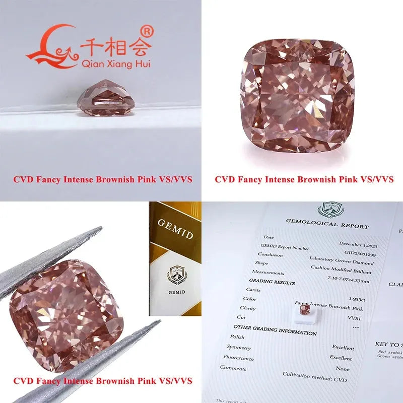 2.75ct CVD Lab Grown Diamond - Fancy Brownish Pink, VVS Clarity, Cushion Shape, GEMID Certified Loose Stone for Jewelry Making & Engagement Rings