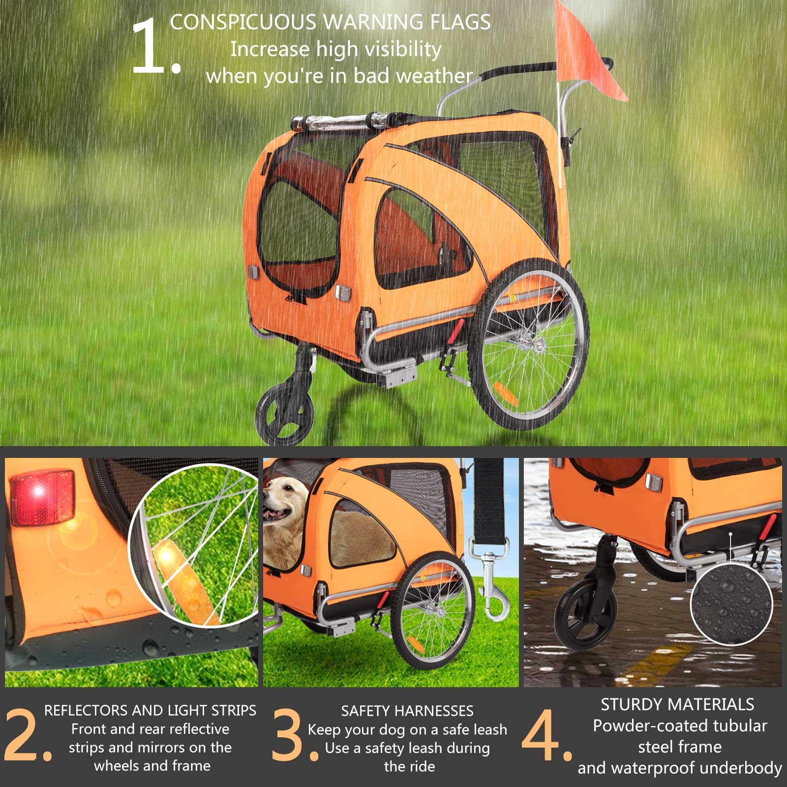 Sepnine 2-in-1 Large Dog Bike Trailer & Pet Stroller - Foldable Frame with Hand Lock Brakes, Universal Bicycle Coupler (Orange) - Perfect for Cycling Adventures & Outdoor Walks with Your Dog