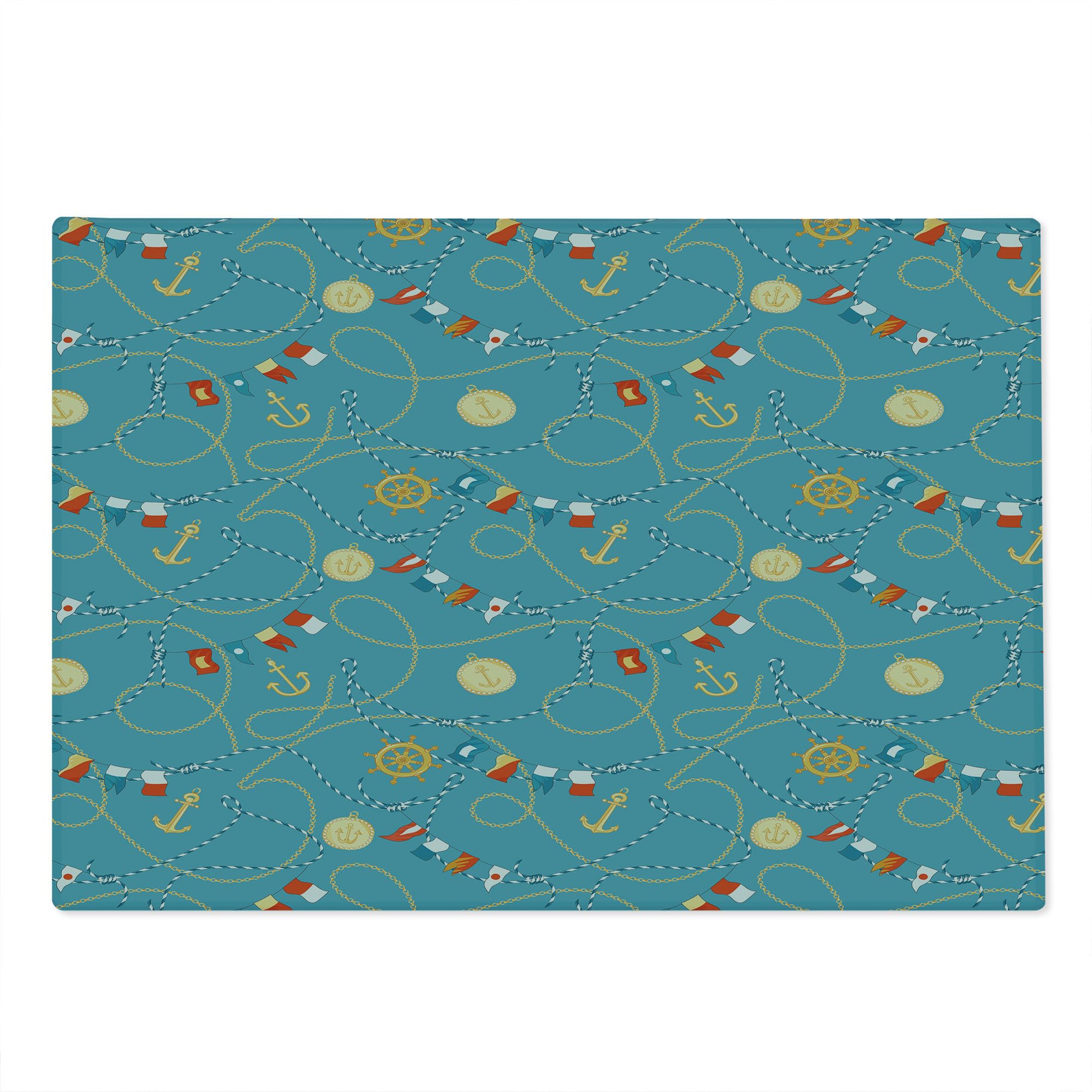 Ambesonne Blue Nautical Themed Cutting Board - Sailor Anchor Medals Chains Flags Steering Wheel Design - Tempered Glass Serving & Chopping Board - Large Size (Cadet Blue/Beige) - Perfect for Kitchen Prep, Charcuterie Display & Coastal Home Decor