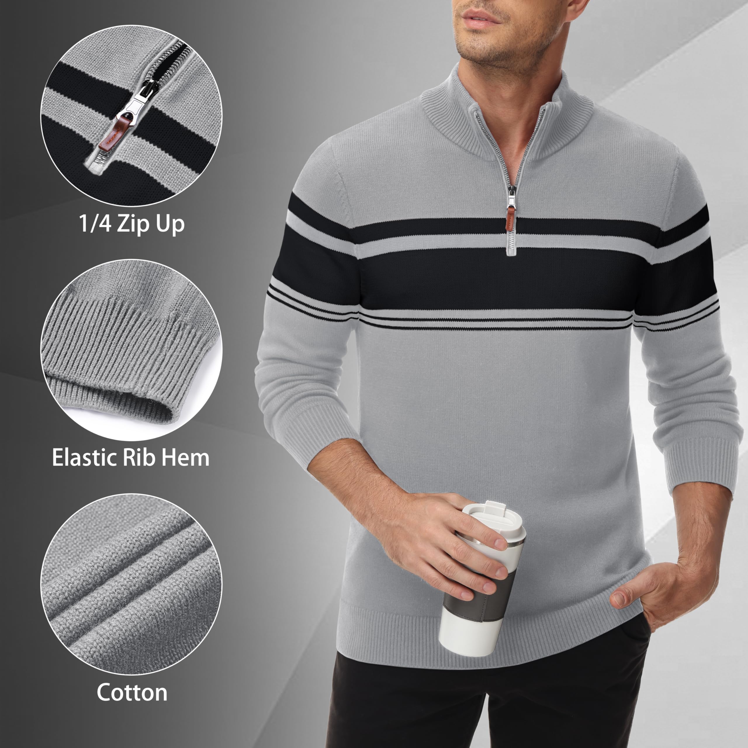 MAGNIVIT Men's Quarter Zip Striped Sweater Pullover - Color Block Polo Sweatshirt for Fall Winter & Spring | Casual Office Wear & Outdoor Activities