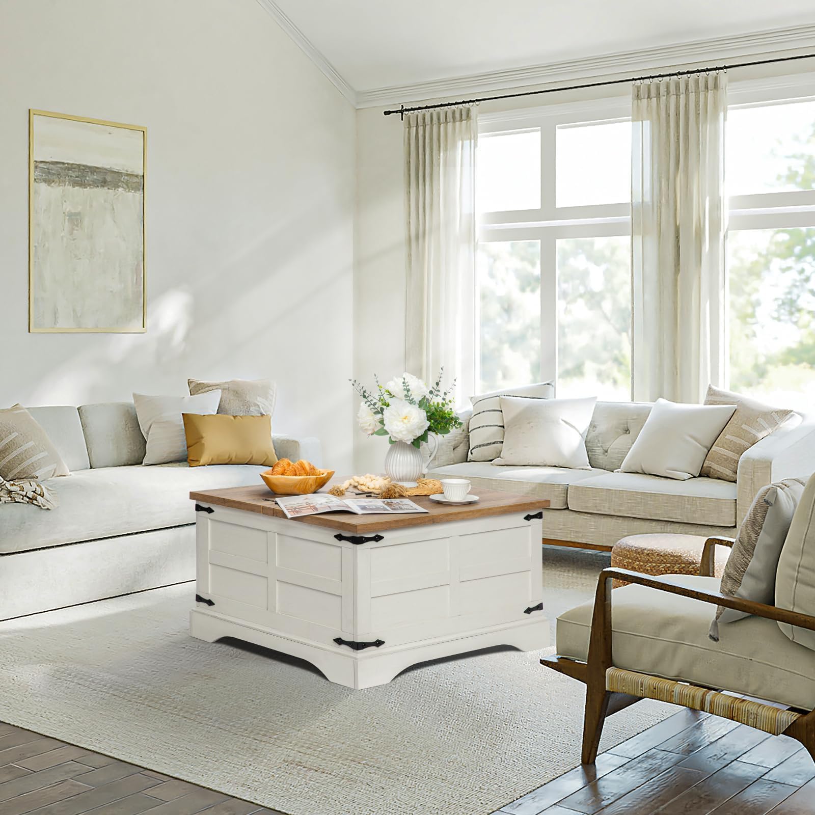 Rustic Farmhouse Coffee Table with Hinged Lift Top & Hidden Storage - Solid Wood Square Center Table for Living Room, Home Office - Antique White Finish | Perfect for Small Spaces, Family Gatherings & Cozy Home Decor