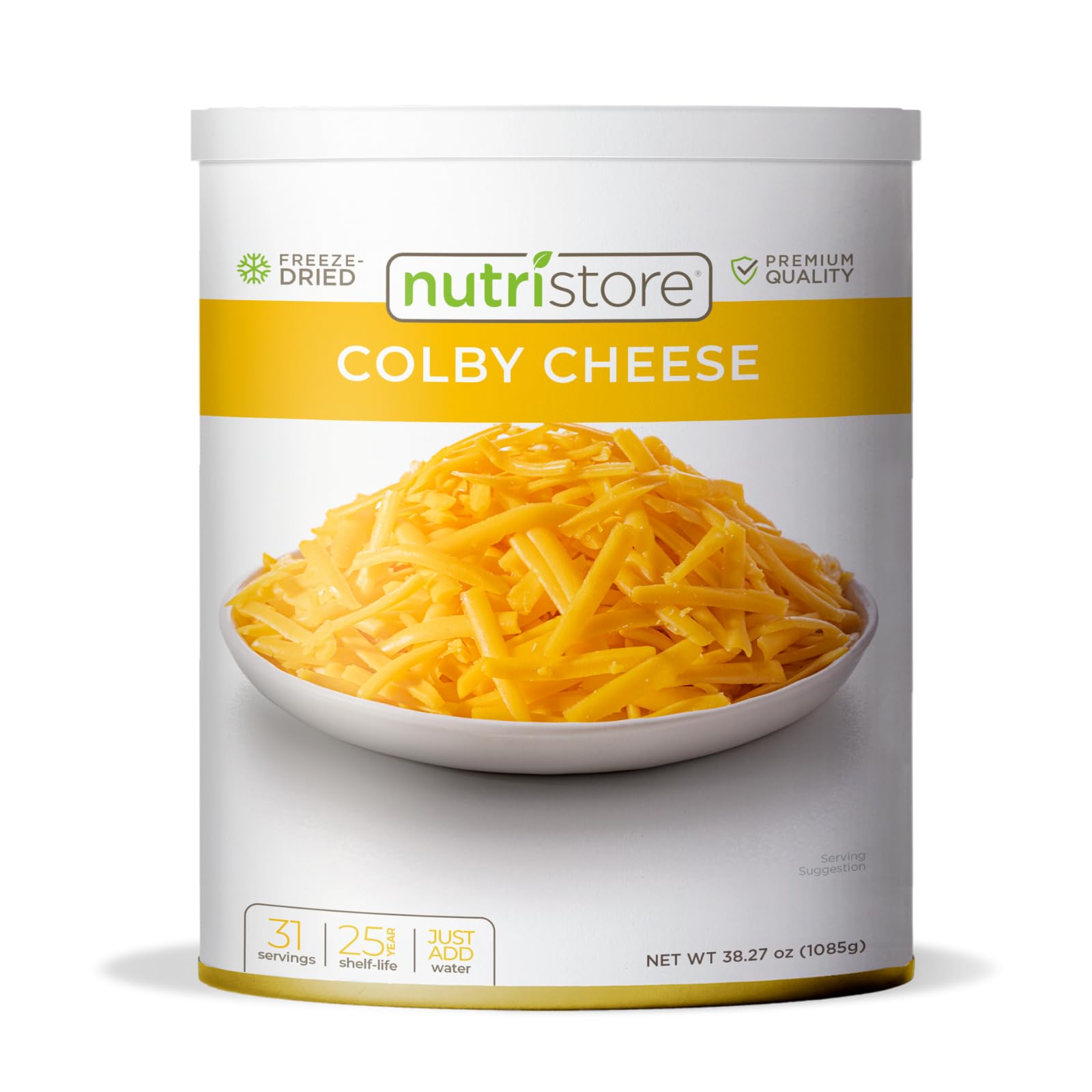 Nutristore Freeze Dried Colby Cheese Shreds | Long Shelf Life Emergency Food Supply (25 Years) | Bulk #10 Can 38.1oz (1080g) | Ideal for Camping, Hiking, Prepping & Everyday Cooking | Perfect for Cheese Toppings, Omelets, Pasta & Emergency Kits
