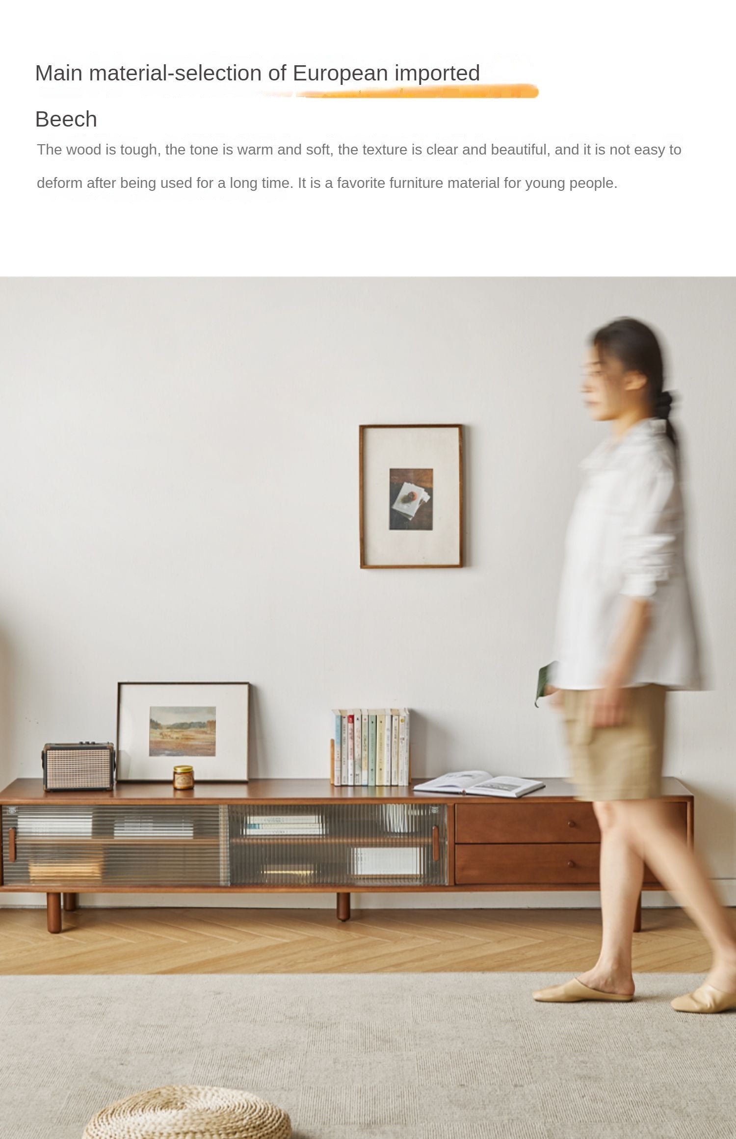 Solid Beech Wood TV Stand with Storage - Modern Entertainment Center for Living Room, Bedroom & Home Theater