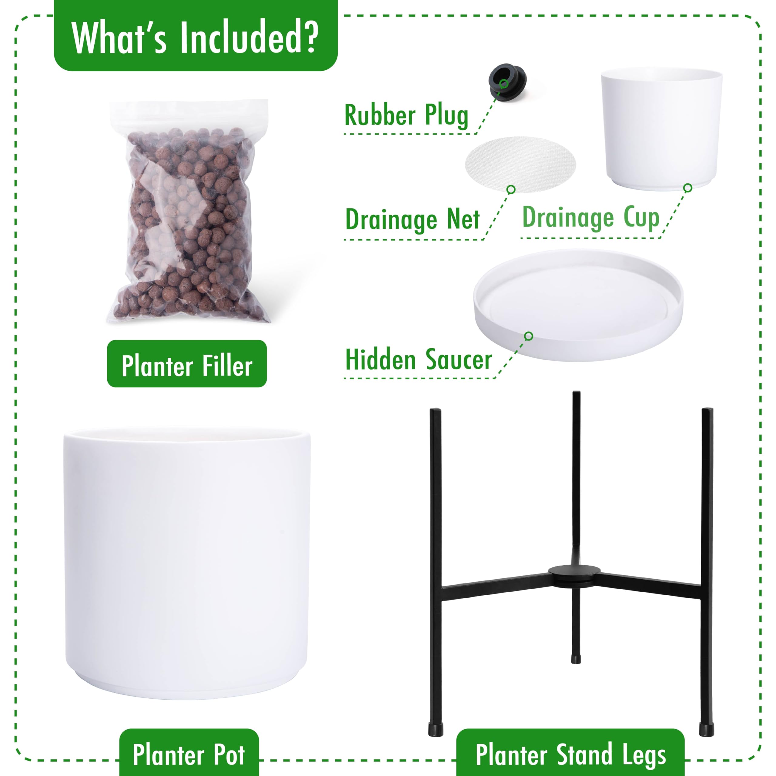 D'vine Dev Modern White Cylinder Planter with Heavy Duty Stand - 12 Inch Large Flower Pot, 18.9 Inch Height - Perfect for Indoor Plants, Home Decor, Living Room & Office Decorations