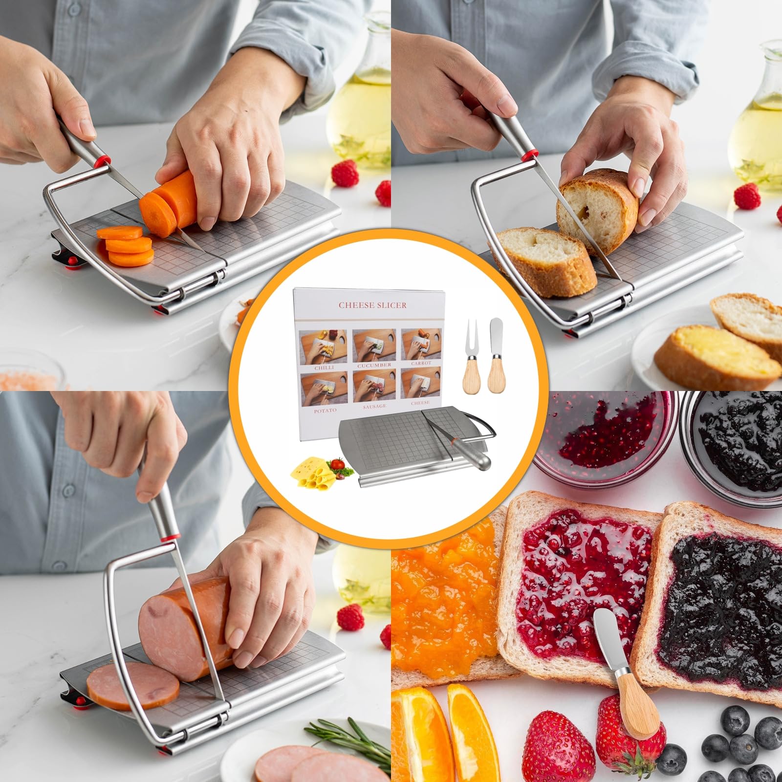 Premium Stainless Steel Cheese Slicer with Blade Scale - Perfect for Block Cheese, Sausage & Fruits - Includes 2 Cheese Knives - Ideal for Kitchen, Charcuterie Boards & Entertaining