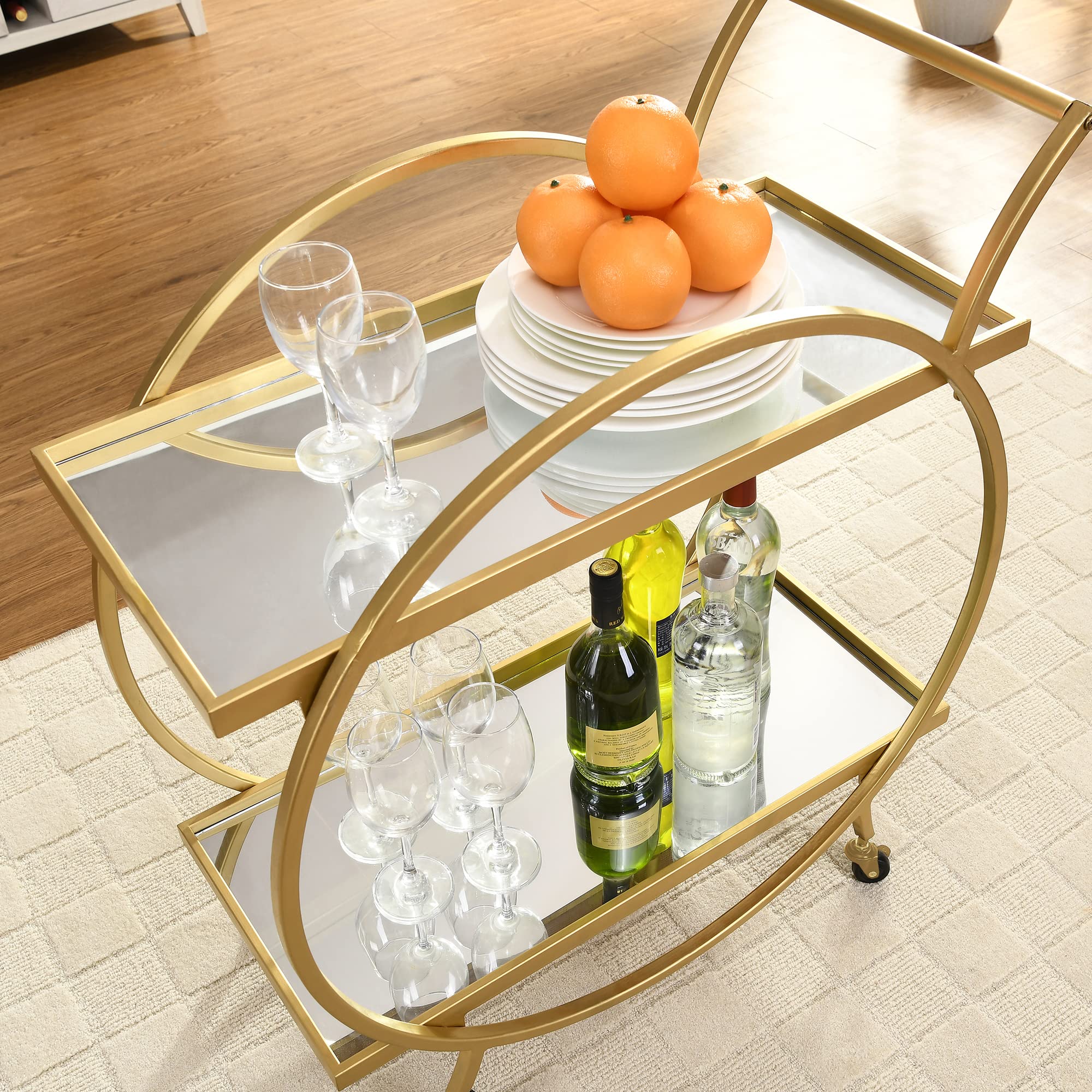 FirsTime & Co. Gold Odessa 2-Tier Bar Cart - 28 Inch Mobile Mini Bar with Storage | Kitchen Serving Cart, Coffee Station & Liquor Organizer | Metal & Mirror Modern Design for Home, Office or Party Use
