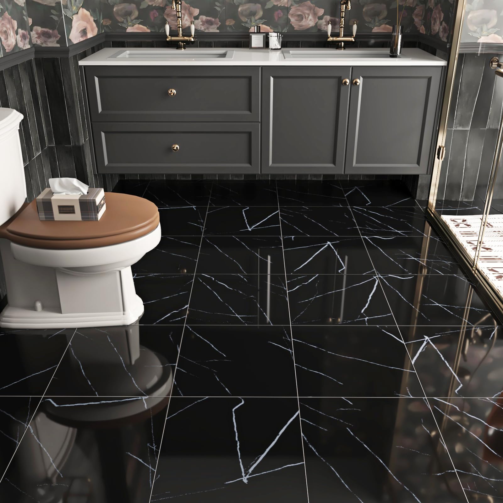 Premium Black Marble Peel and Stick Vinyl Floor Tiles - 12