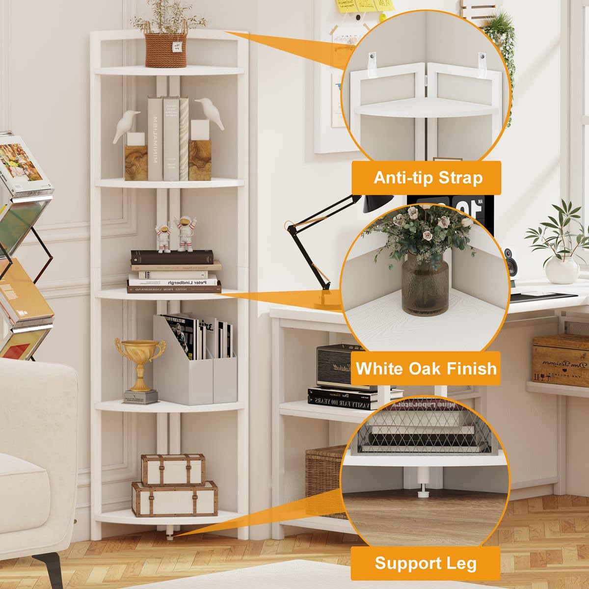 FATORRI 5-Tier Tall Corner Shelf - Modern Wood & Metal Bookshelf for Living Room, Home Office - Corner Plant Stand, Bookcase - White Oak - Perfect for Small Spaces & Stylish Storage