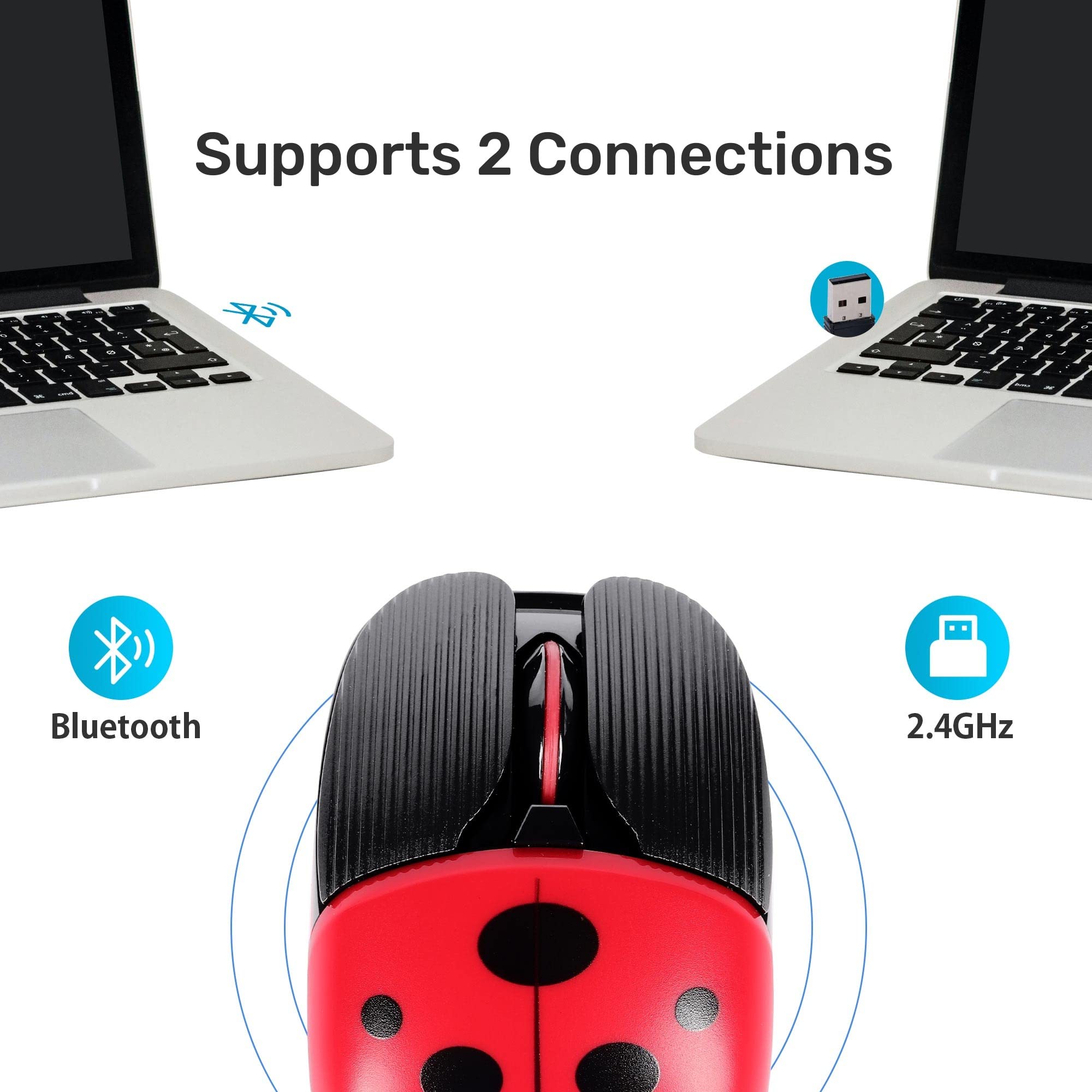 Wireless Bluetooth Mouse - Rechargeable 2.4G USB Optical Mouse with 1600 DPI, Low Noise, Cute Ladybug Design for Computer, Laptop, PC, Mac - Perfect for Office Work, Online Classes & Gaming