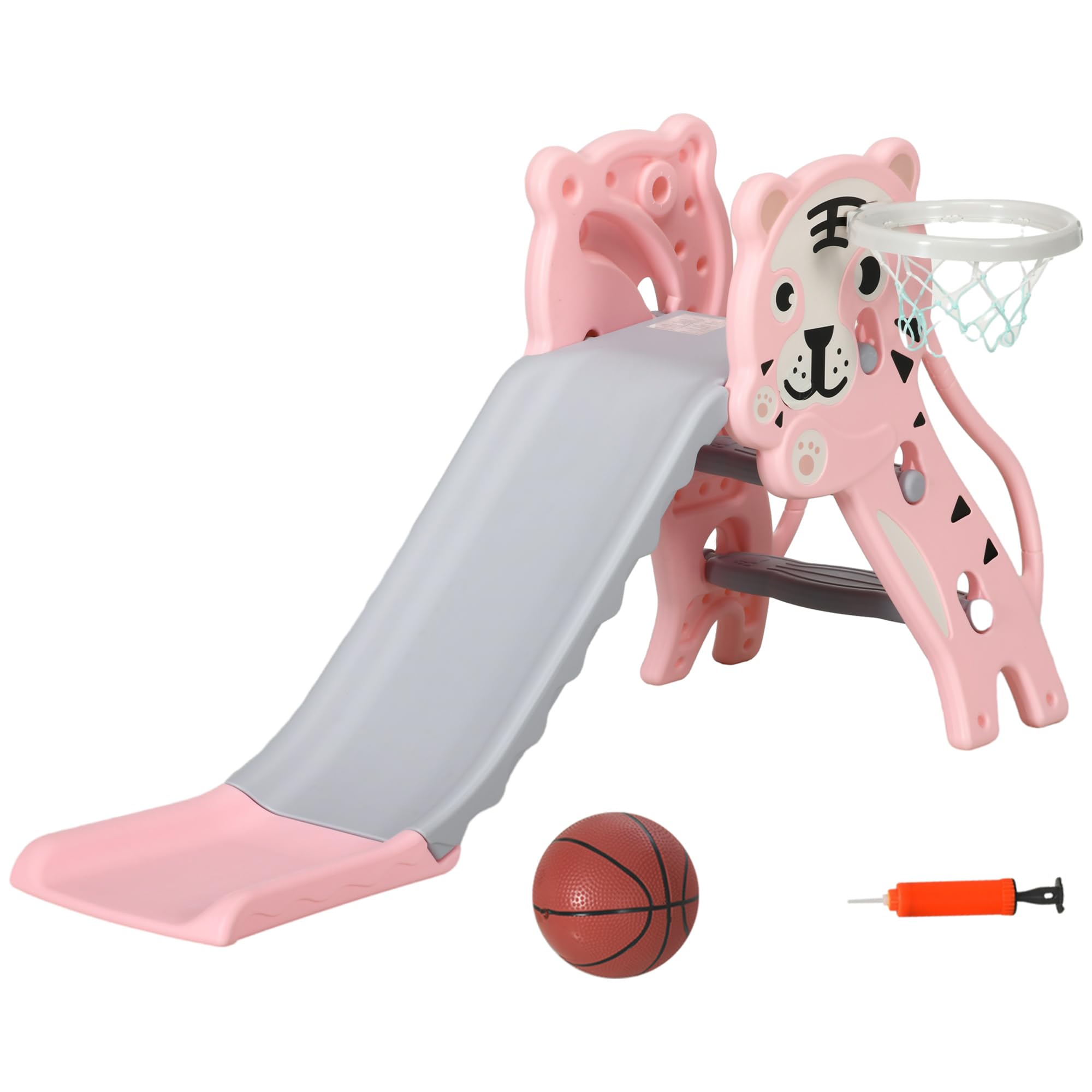Qaba 3-in-1 Indoor Toddler Slide Playset with Basketball Hoop & Climber - Easy Assembly for Kids 18-36 Months - Tiger Design Pink Slide for Home Playroom, Daycare or Backyard Fun