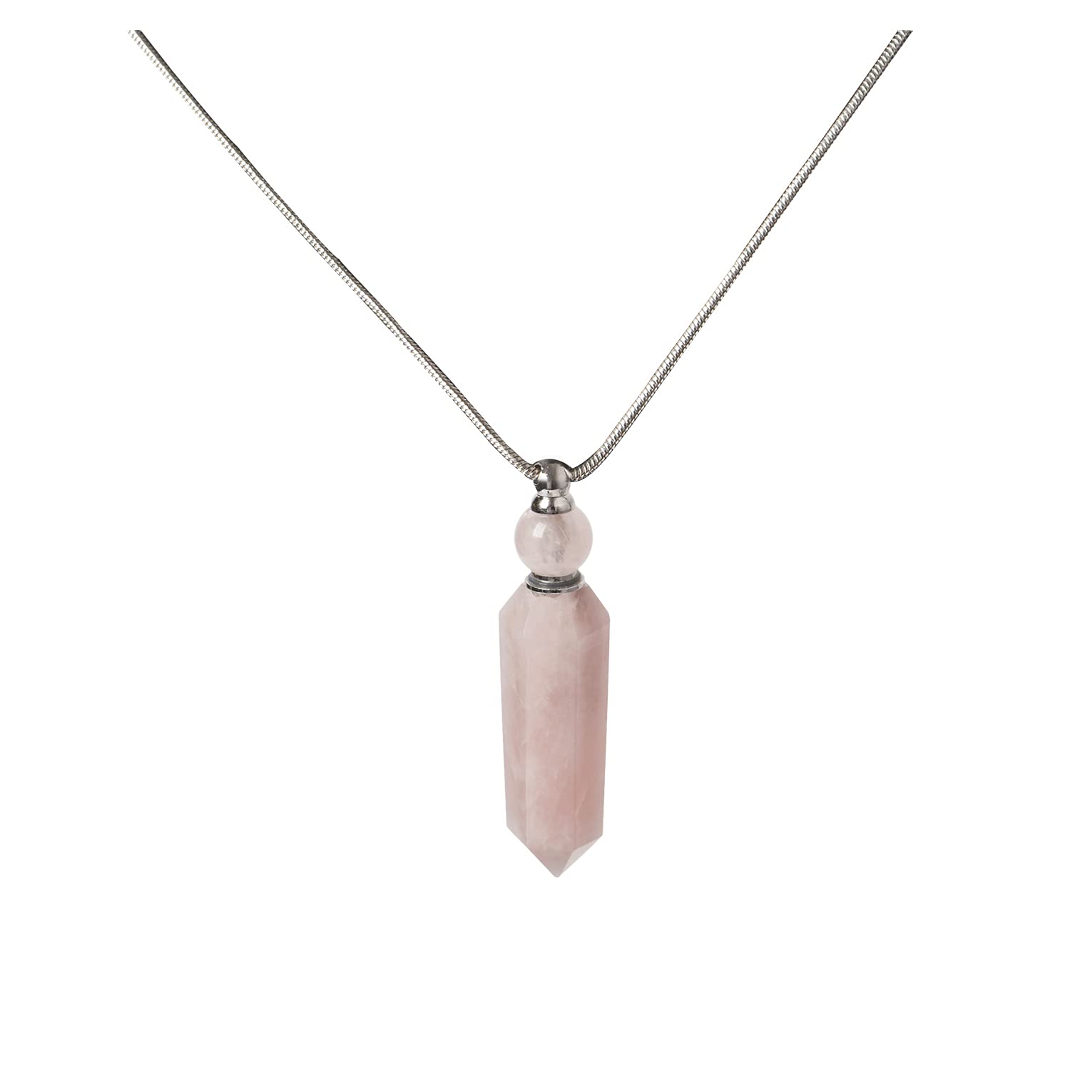 AMOYSTONE 1P Rose Quartz Crystal Perfume Necklace - Long Chain Healing Stone Hexagonal Aroma Diffuser for Essential Oils, Natural Crystal Bottle Pendant Jewelry Gift for Women (Perfect for Meditation, Yoga & Aromatherapy)