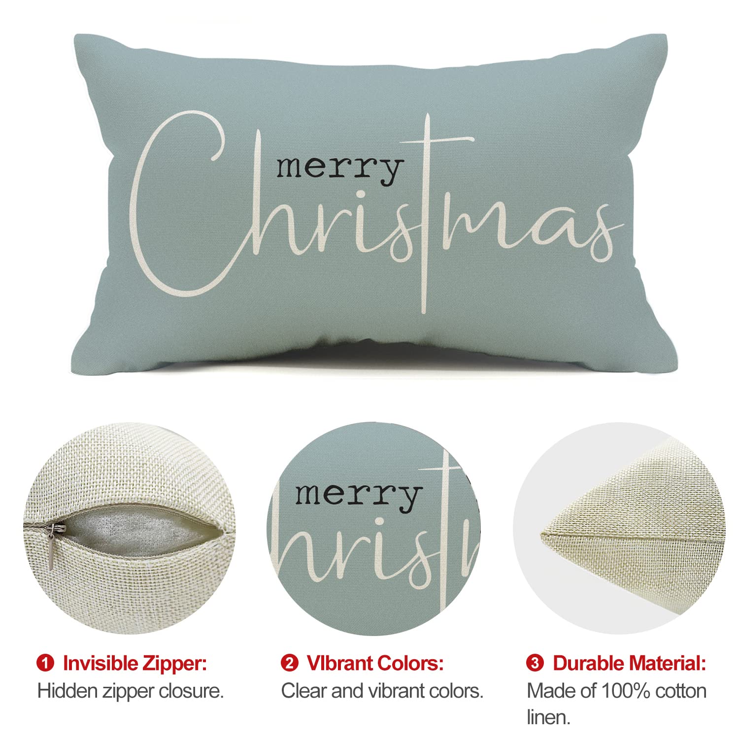 Merry Christmas Pillow Covers - 12x20 Inch Decorative Throw Pillow Covers for Sofa, Cotton Linen Blend, Beige Holiday Home Decor - Perfect for Living Room, Bedroom & Christmas Party Decorations