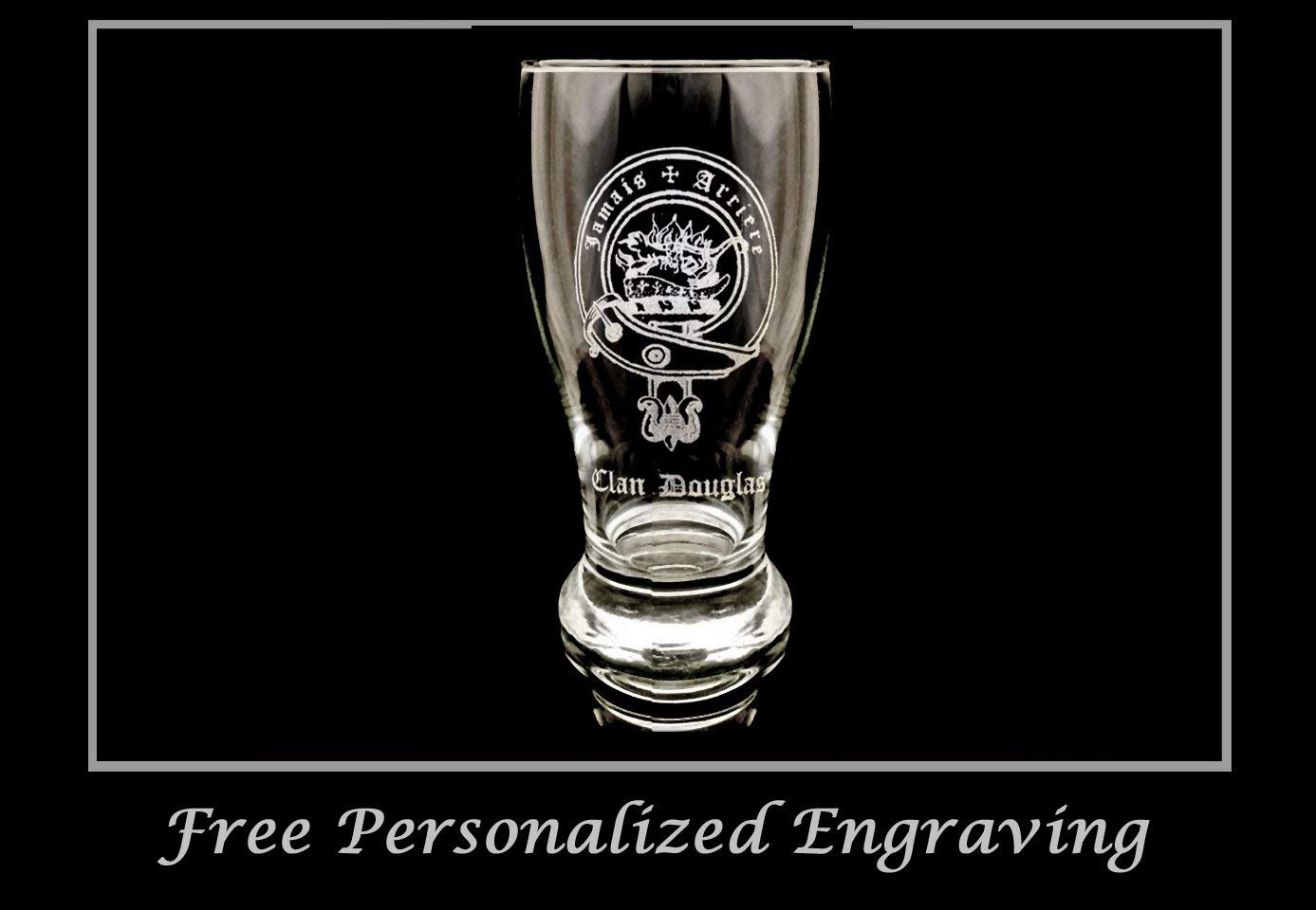 Clan Douglas Scottish Crest Pint Glass Set of 4 - Personalized Engraved Family Crest Pub Beer Glasses for St. Patrick's Day, Scottish Weddings & Home Bar Decor