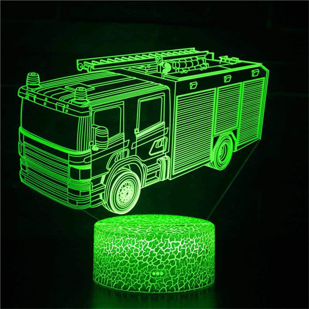 3D Fire Engine Truck Night Light - 7 Color Changing LED Table Lamp for Kids Room, Desk Decor, Christmas & Birthday Gift | Optical Illusion Lamp for Children's Bedroom, Nursery & Playroom