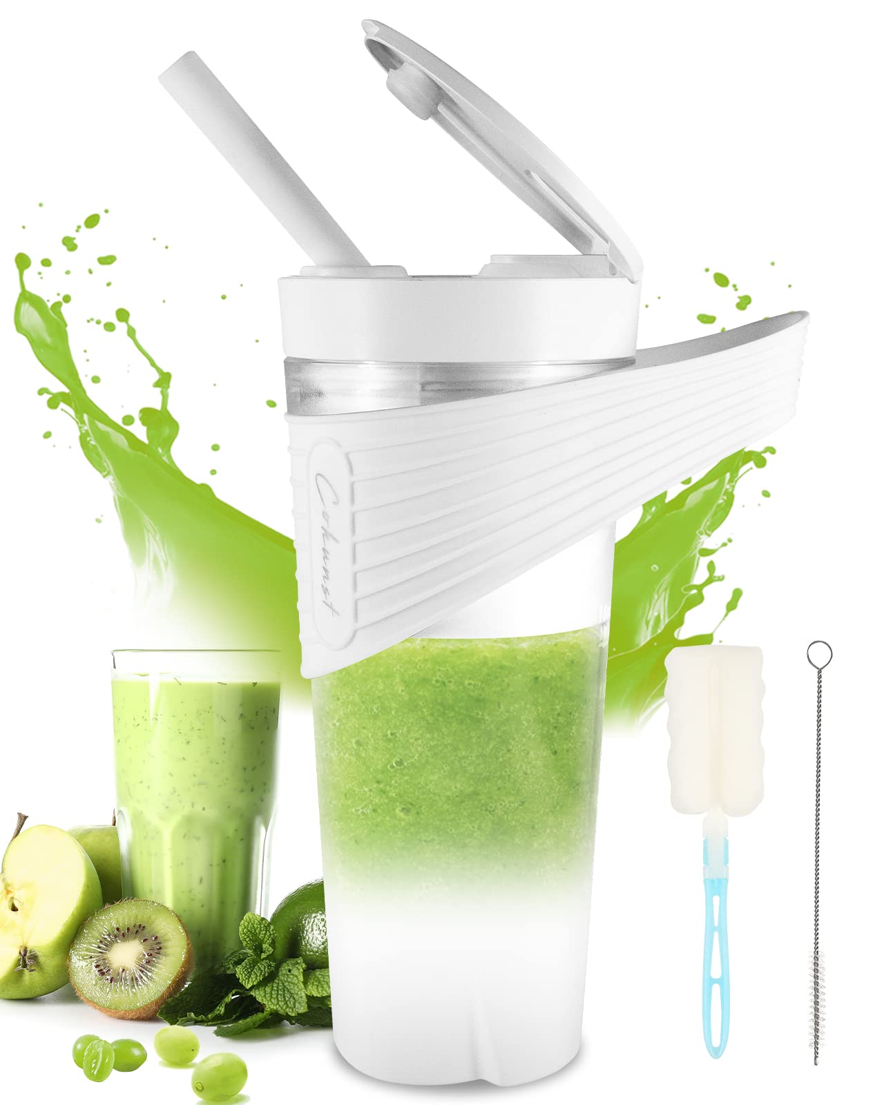 COKUNST 16oz Portable Blender for Shakes, Smoothies & Protein Drinks | BPA-Free USB Rechargeable Personal Blender with Travel Straw | Perfect for Gym, Office & Outdoor Activities - White