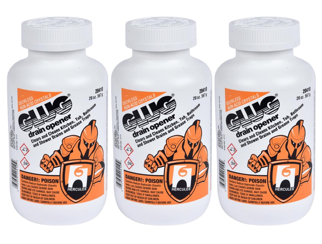 Oatey 20410 Hercules Glug Crystals Drain Opener - 20 oz (3-Pack) for Kitchen, Bathroom & Shower Drain Clogs - Fast-Acting Pipe Cleaner for Hair, Grease & Soap Scum Removal