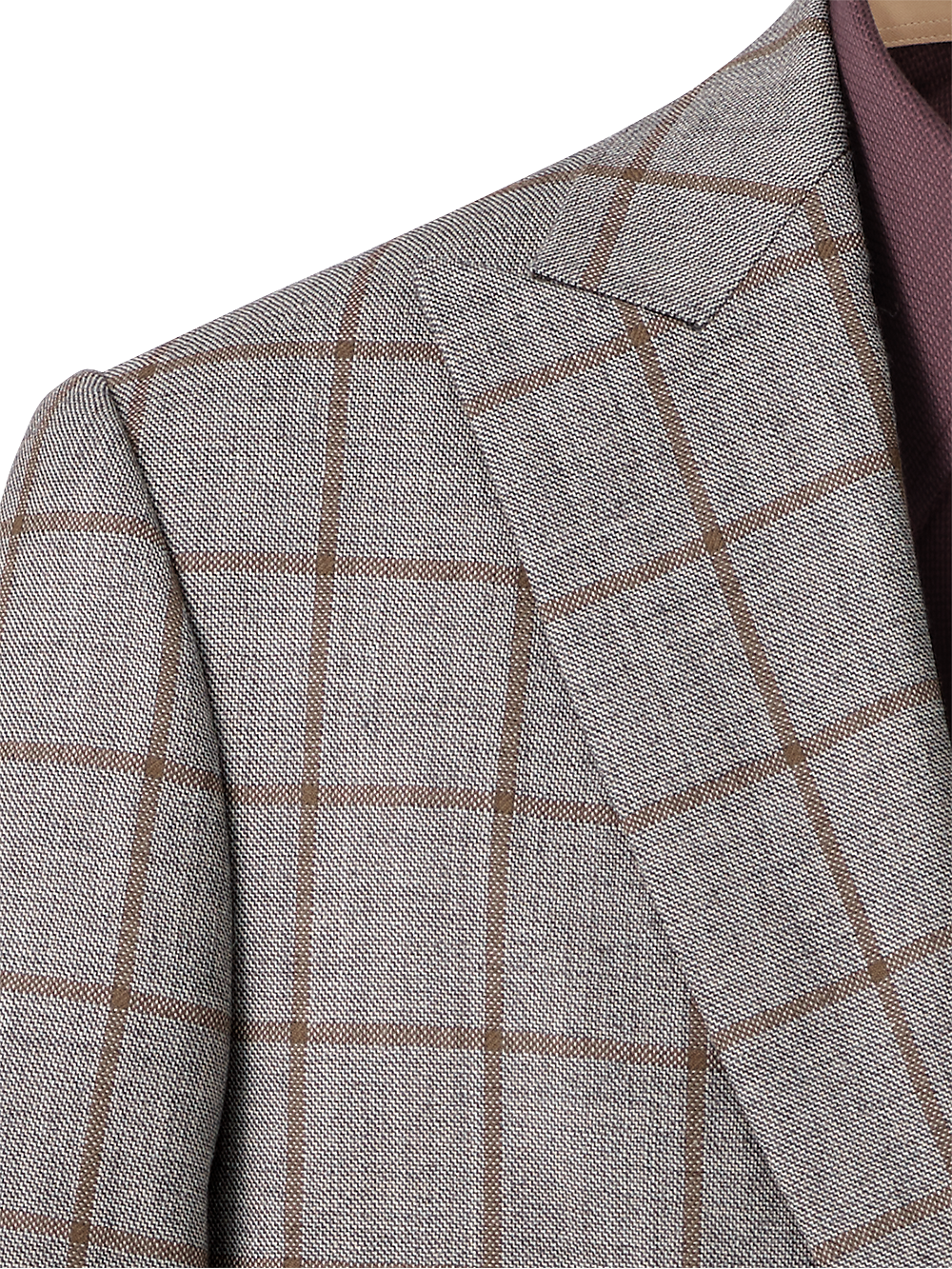 Wool Windowpane Single Breasted Peak Lapel Sport Coat - Grey/Brown | Classic Business Blazer for Men | Perfect for Office, Weddings & Formal Events