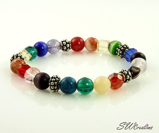 Summer Rainbow Silver Stretch Beaded Bracelets for Women - Adjustable Elastic Beaded Jewelry for Beach, Party & Everyday Wear