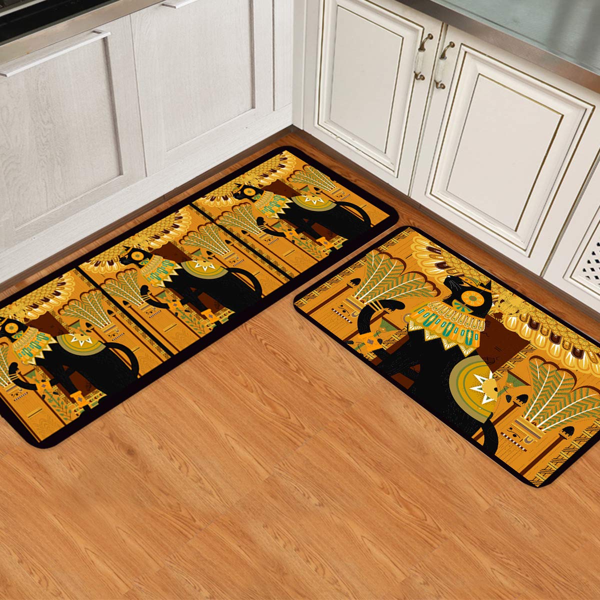 **COLORSUM Non-Slip Kitchen Rug Set of 2 - Super Absorbent Doormat & Runner - Retro Egypt Black Cat Totem Design - Indoor Entry Floor Carpet for Kitchen, Bathroom, and Laundry Room**