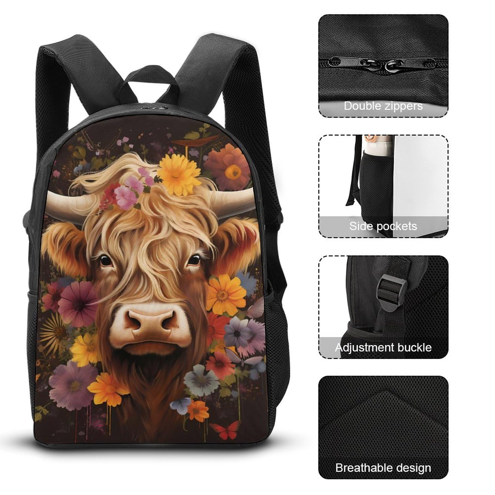 Highland Cow 3-Piece Laptop Backpack Set - 17 Inch School Backpack with Insulated Lunch Bag & Pencil Case for College Students, Office Work & Travel | Durable Bookbag for Daily Commute, Campus Life & Business Trips