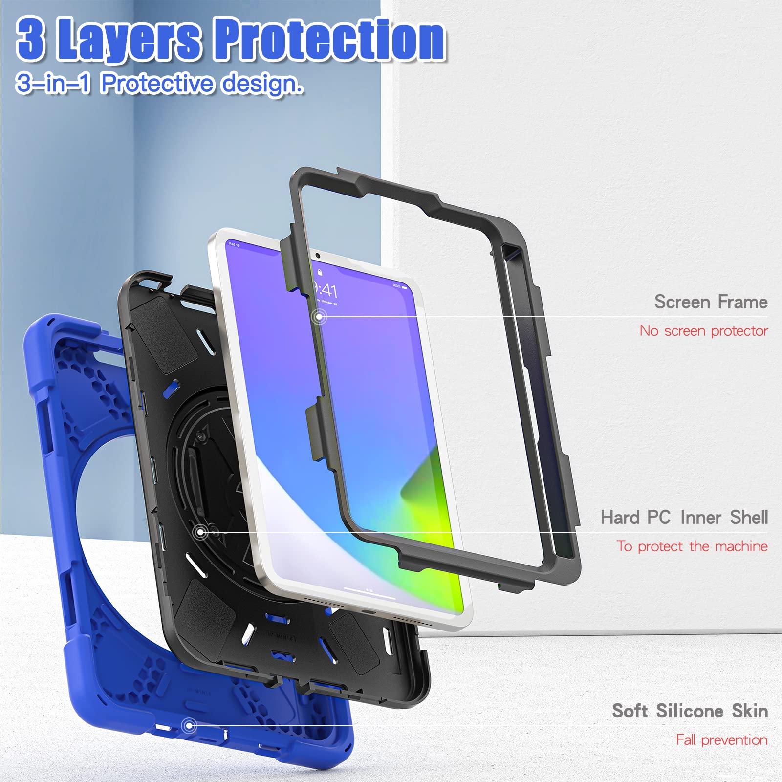 ZenRich iPad Mini 7 Case A17 Pro (2024) - Heavy Duty Shockproof Rugged Protective Cover for iPad Mini 7th/6th Generation with Pencil Holder, Kickstand, Hand Strap & Shoulder Belt - Perfect for Outdoor, Travel, Work & School (Blue)