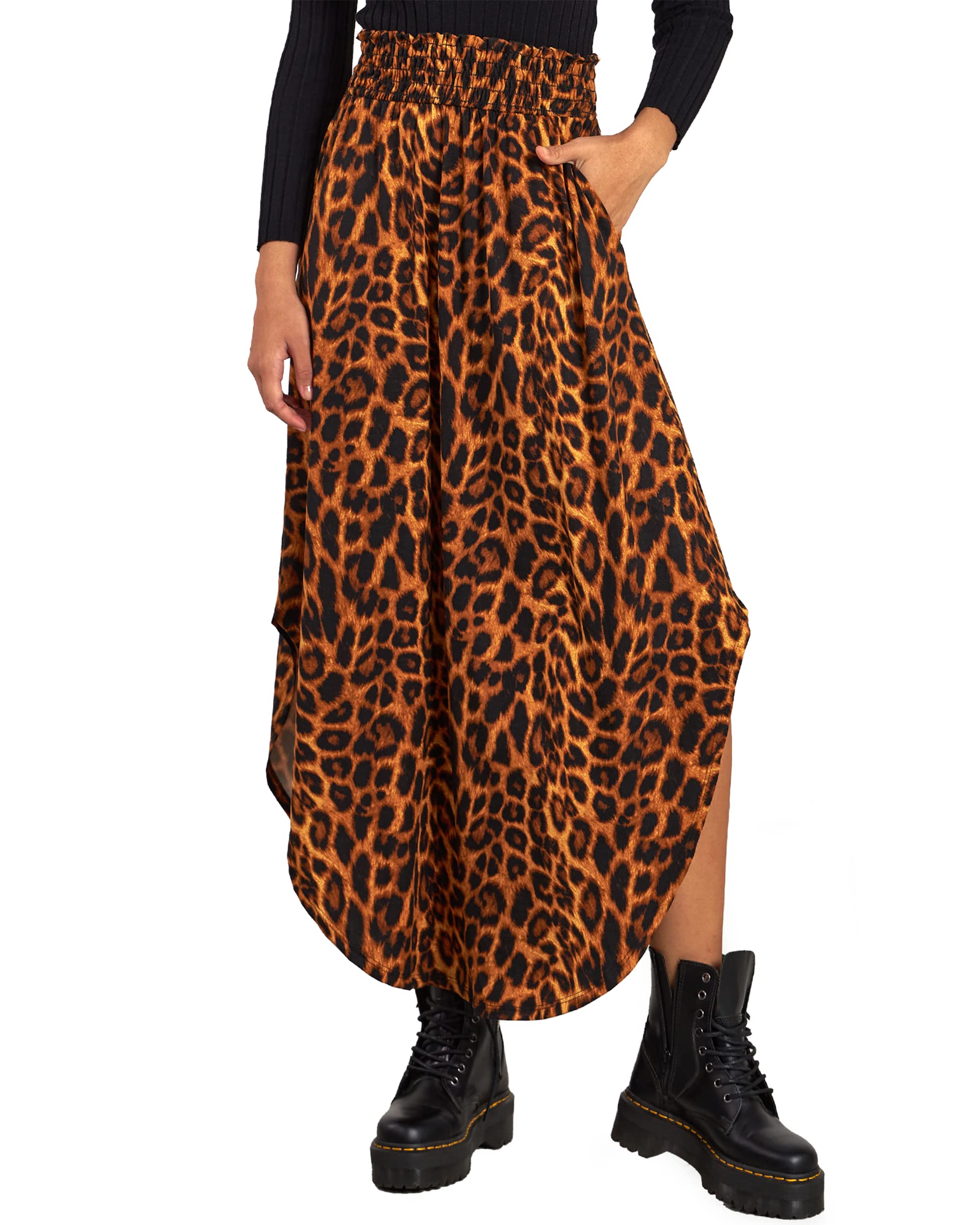 Noflik Women's Elastic High Waisted Boho Long Maxi Skirts with Side Slits & Pockets - Comfortable Flowy Summer Skirt for Beach, Vacation & Casual Wear