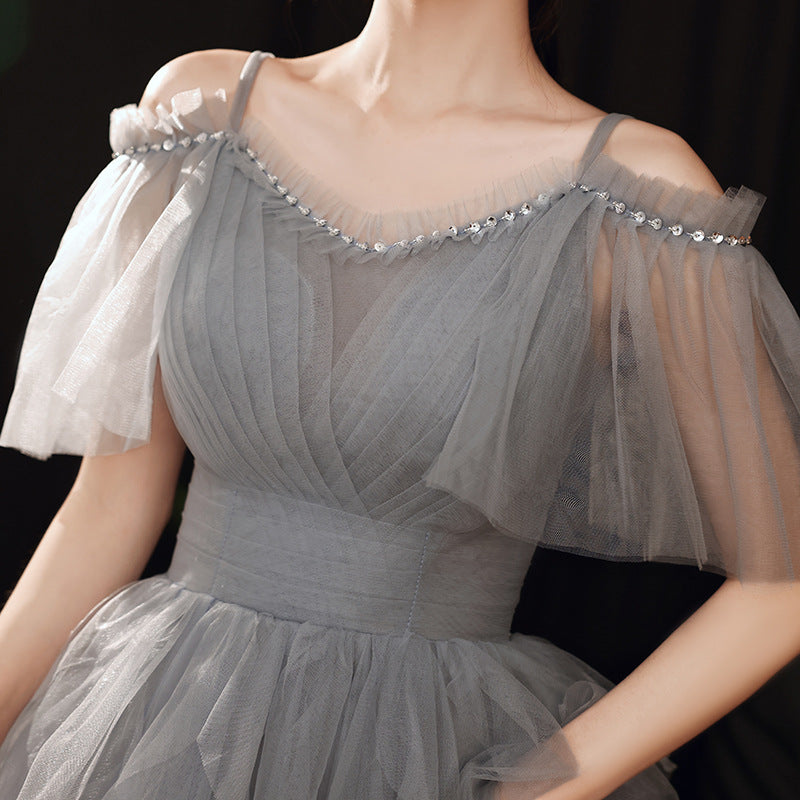 Elegant Gray Tulle Long Prom Dress - A-Line Evening Formal Gown 302 for Homecoming, Wedding & Special Occasions