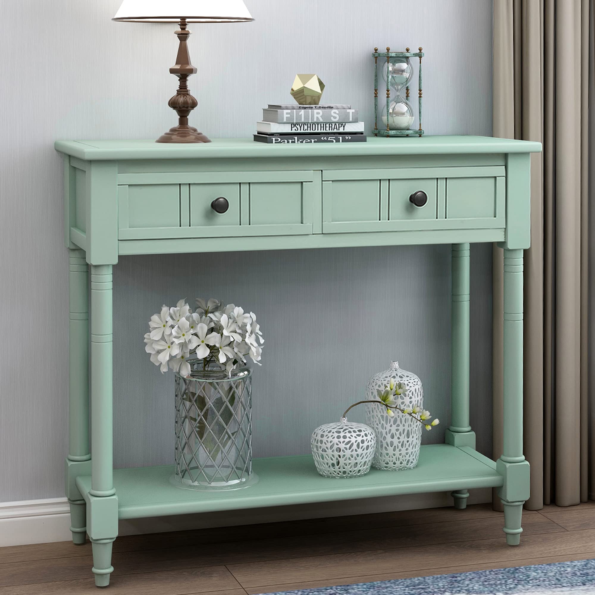 Merax Wood Sofa Table Console Table - Traditional Design with 2 Drawers & Bottom Shelf for Living Room, Hallway, Dining Room - Retro Blue - Perfect for Entryway Decor & Home Organization