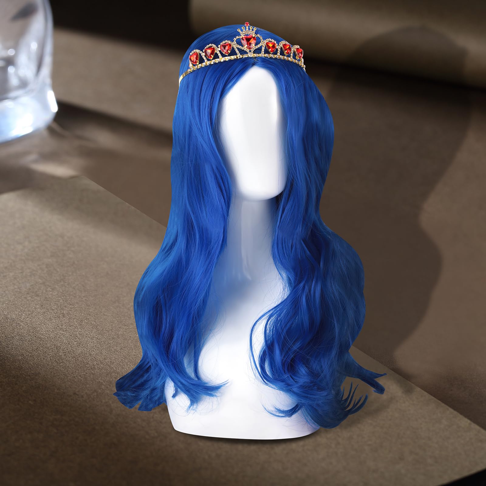Evie Descendants Costume Wig for Girls - Long Blue Princess Cosplay Wig with Crown | Perfect for Halloween, Dress-Up Parties & Disney Themed Events