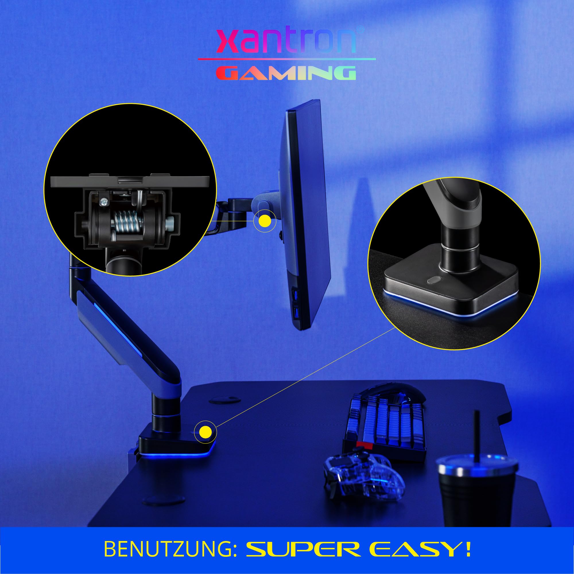 Xantron® RGB Gaming Monitor Arm - Heavy Duty 17-49 Inch Adjustable Stand for Curved & Flat Screens (Max 20kg) - Ergonomic Gas Spring Mount for PC, Workstation & Gaming Setup - Perfect for Home Office, Streaming & Esports