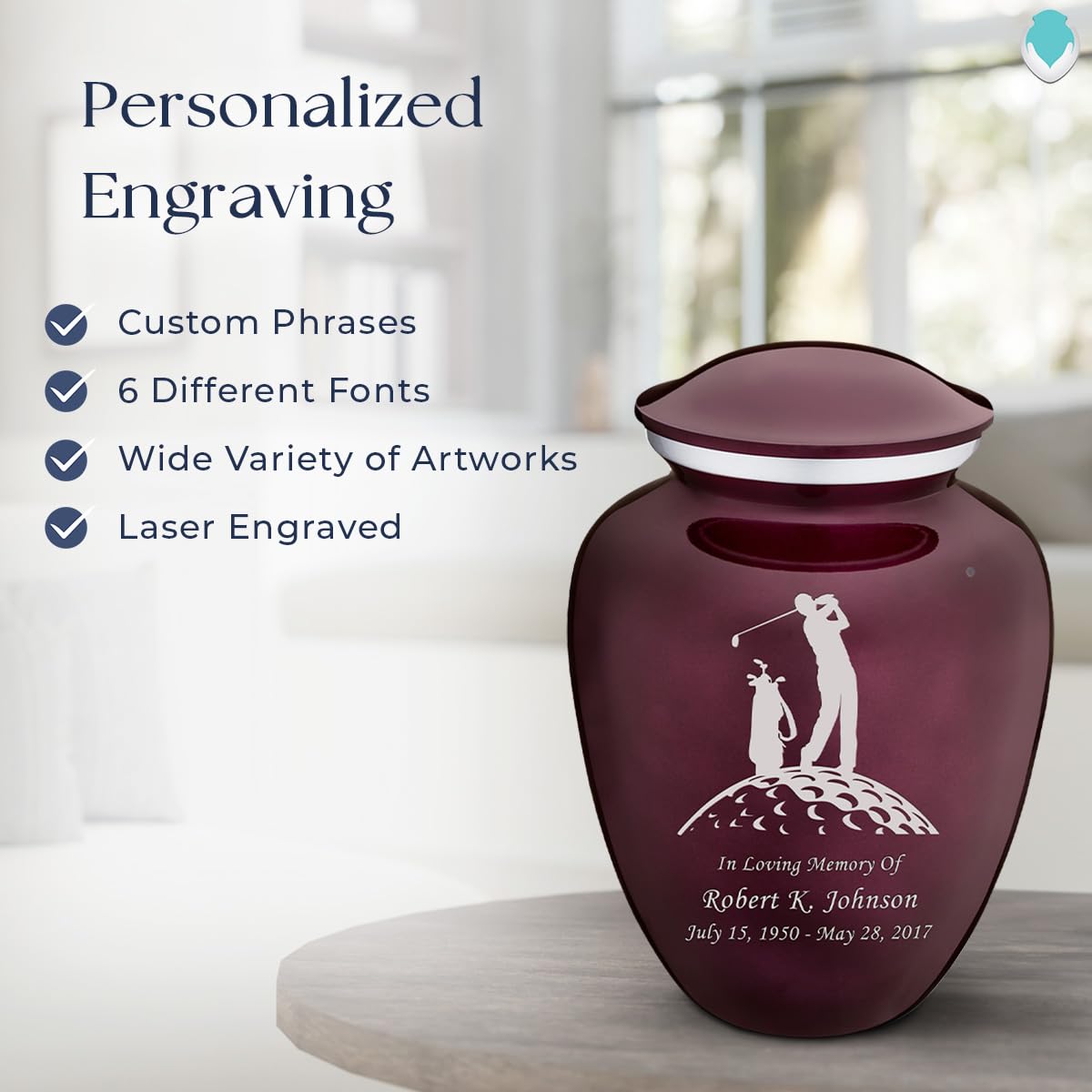 Personalized Golf Cremation Urns for Ashes - Large Cherry Purple Funeral Urn for Men & Women with Double-Sided Engraving (Holds 200 lbs) - Memorial Keepsake for Golf Lovers, Perfect for Home Display or Burial Ceremony