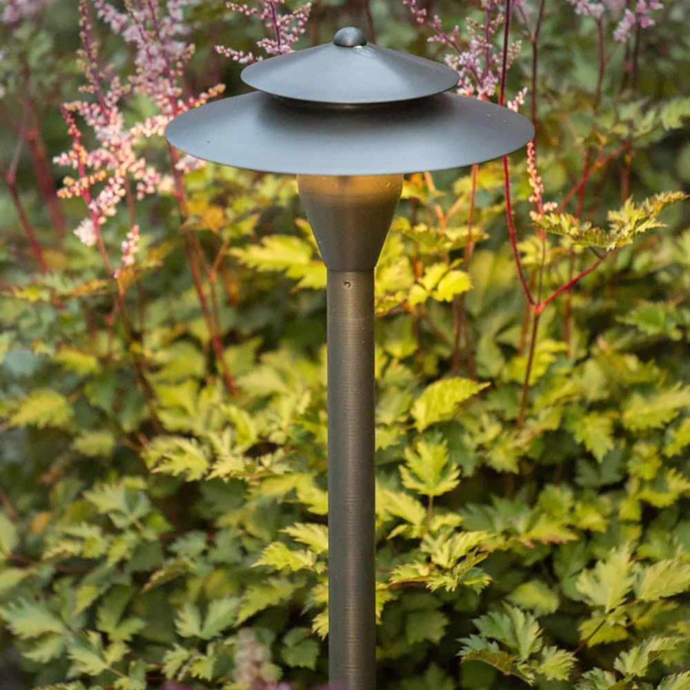 PLB04 Two Tier Brass LED Pagoda Low Voltage Pathway Light - Outdoor Garden Landscape Lighting for Walkways, Driveways, and Patios