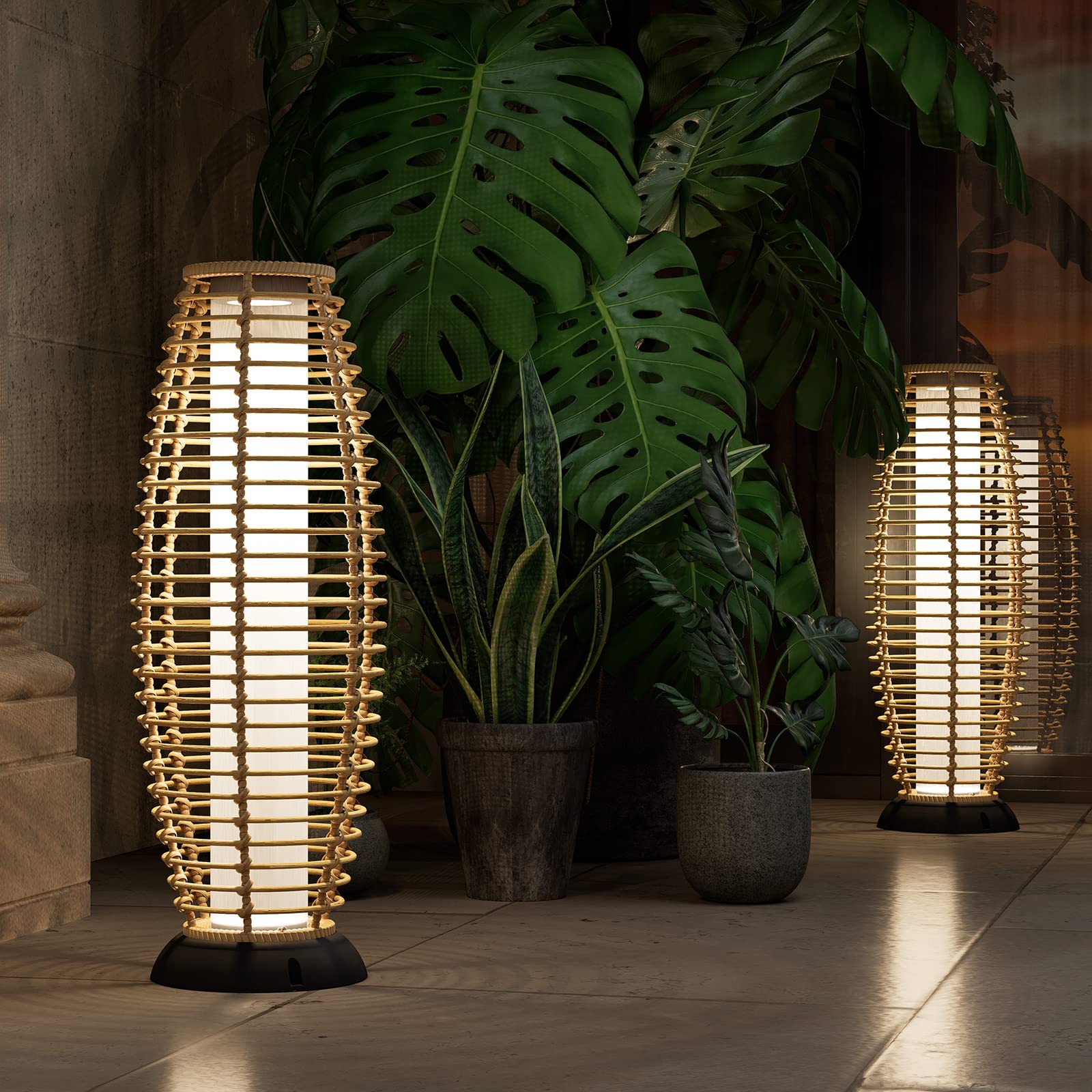 Grand Solar-Powered Outdoor Patio Floor Lamp - Weather-Resistant Wicker Deck Light for Garden, Large Size in Austin Natural Brown | Perfect for Backyard, Porch & Landscape Lighting