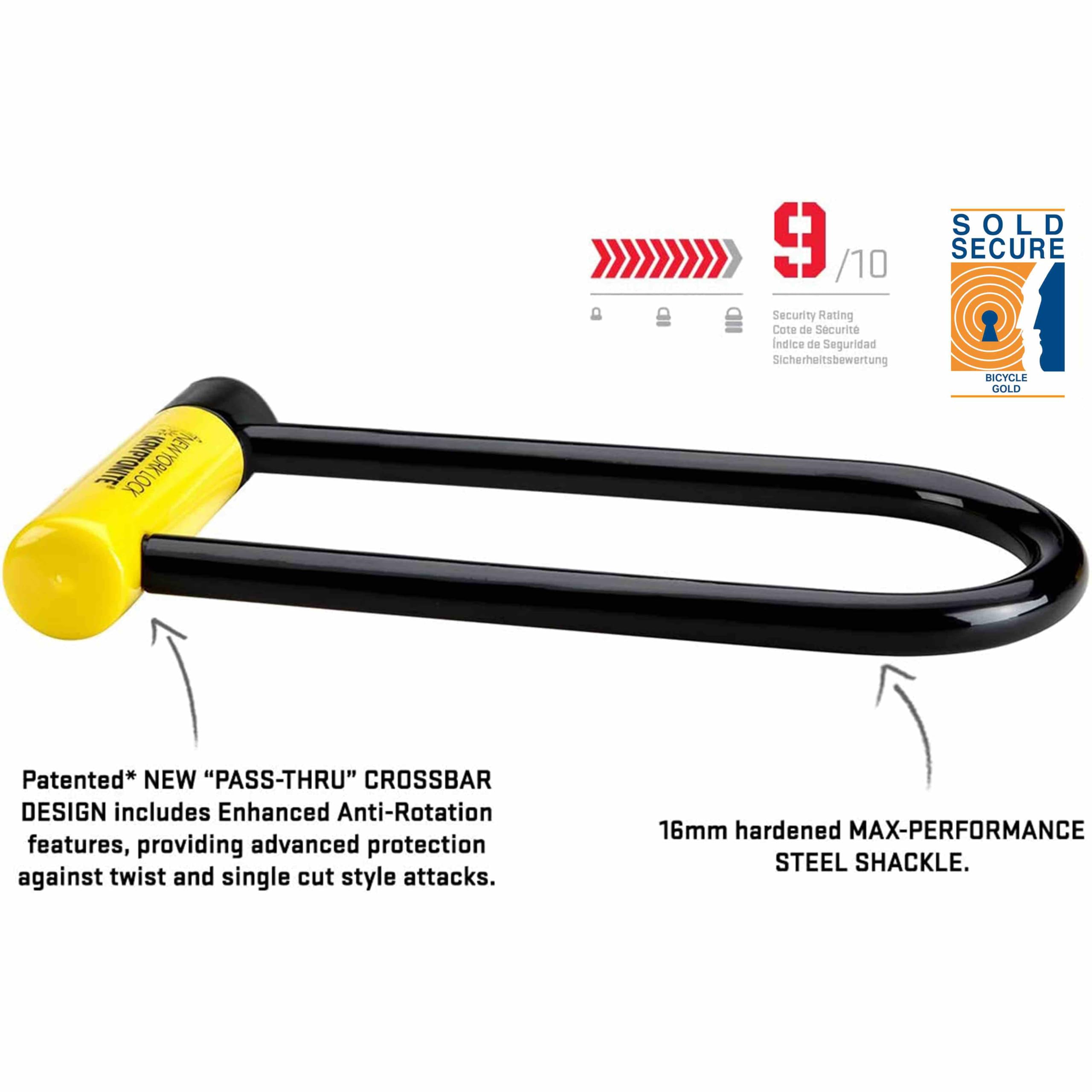 Kryptonite New York Long Shackle Bike U-Lock - 16mm Heavy Duty Anti-Theft Security Bicycle Lock (Sold Secure Gold Rated) with Keys - Ultimate Protection for Bicycles, E-Bikes & Scooters - Perfect for Urban Commuting, Bike Parking & High Crime Areas
