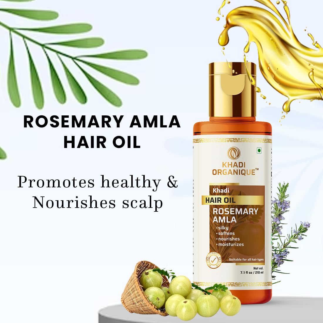 Organic Rosemary Amla Hair Oil for Hair Growth & Anti Hair Fall - Anti Dandruff Treatment for Silky Soft Hair (210ml) - Promotes Healthy Scalp & Stronger Hair for Men & Women