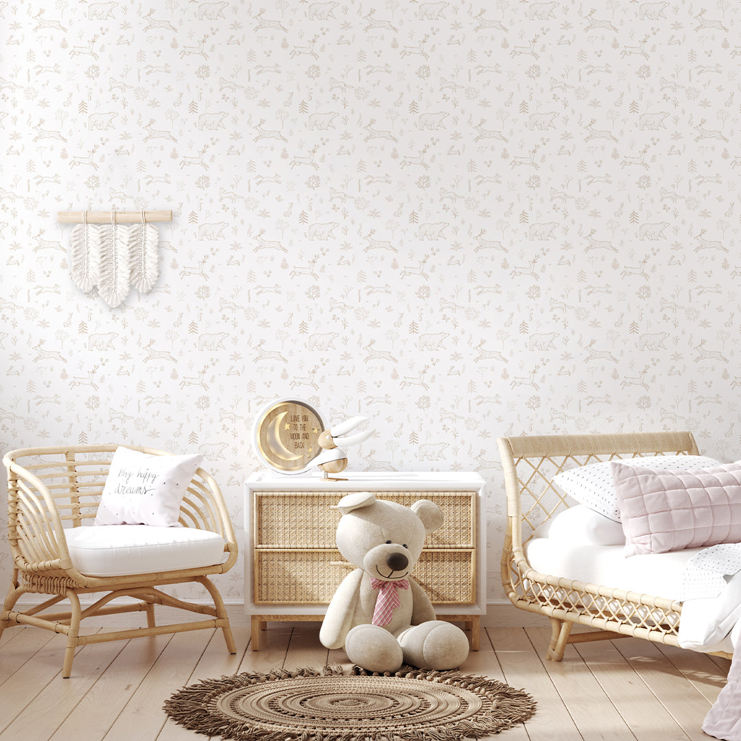 Beige Forest Animals Wallpaper S035 - Self-Adhesive Removable Peel and Stick Wallpaper for Nursery, Kids Room, Living Room Decor - Easy to Install & Eco-Friendly