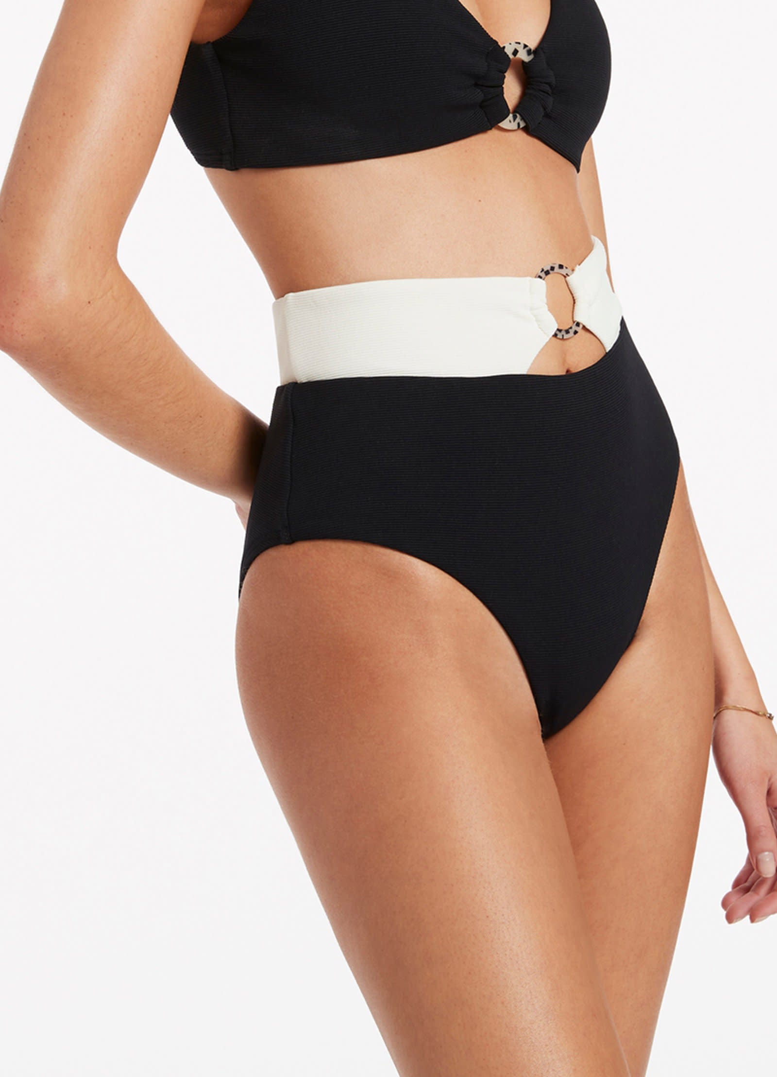 Versa Rib High Waist Bikini Bottom - Black & Cream | Sexy Swimwear for Women | Perfect for Beach, Pool & Summer Vacations