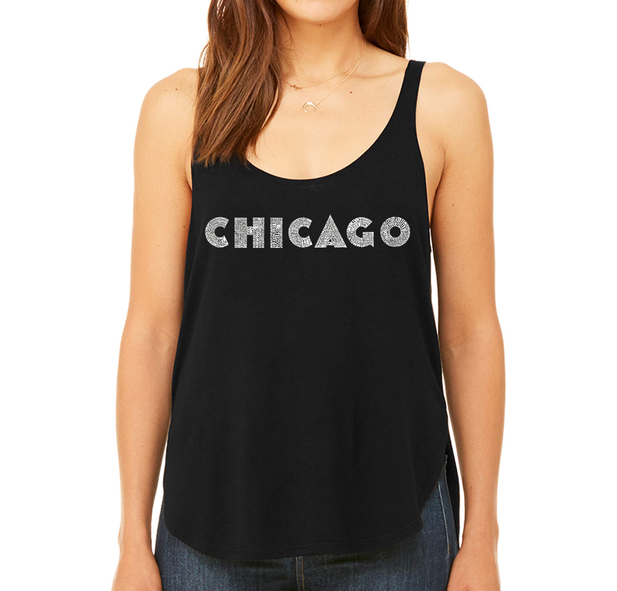 LA POP ART Women's Premium Word Art Flowy Tank Top - Chicago Neighborhoods Graphic Tee | Soft Casual Summer T-Shirt for Women | Perfect for Street Style, Music Festivals & Urban Outfits