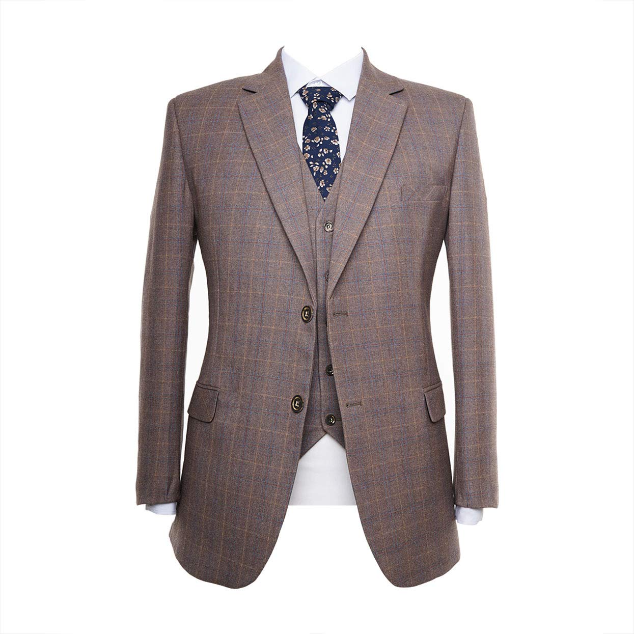 Men's Slim Fit Vintage 3-Piece Light Brown Plaid Tweed Wool Suit - Formal Tuxedo for Weddings, Parties & Business Events