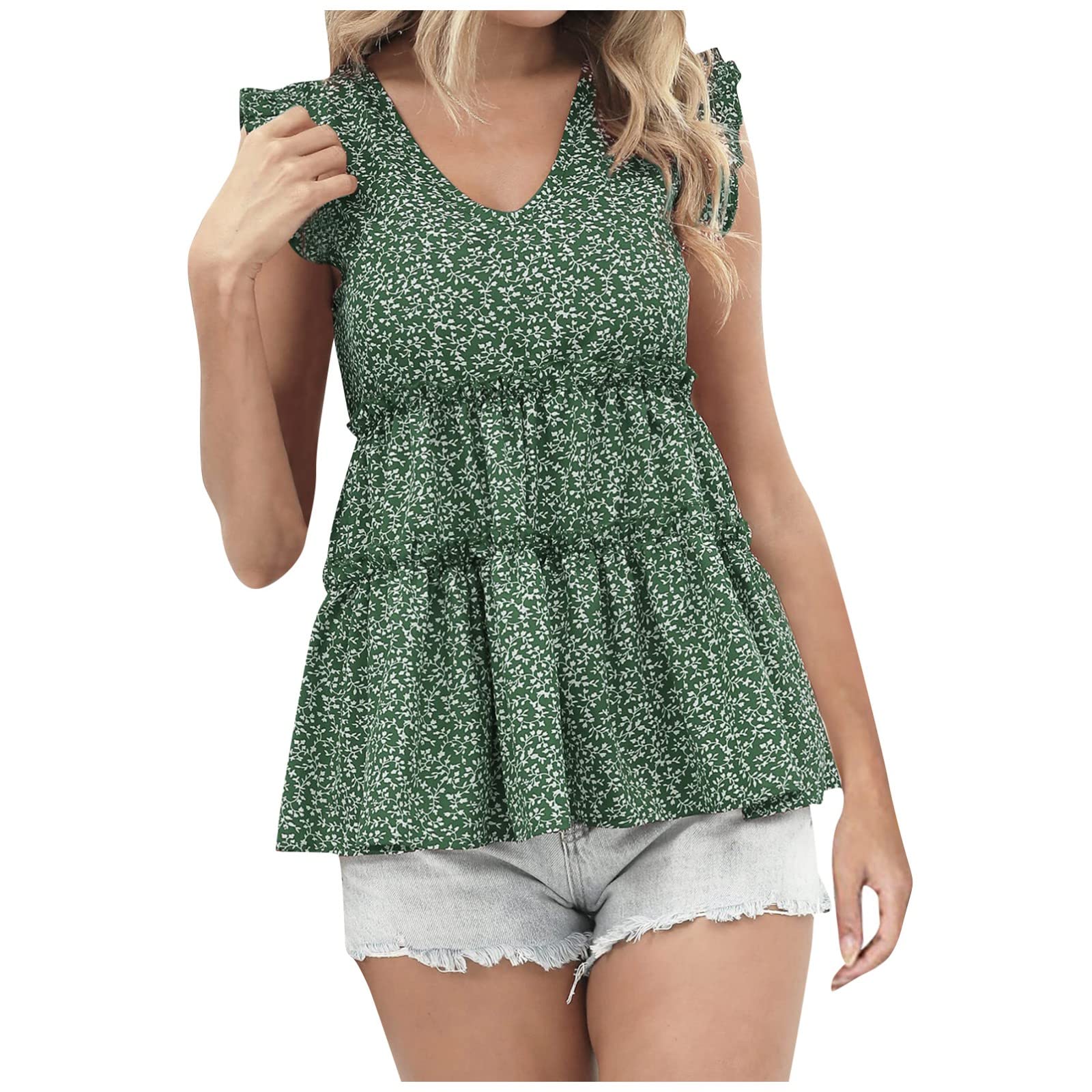 Women's Loose Peplum Babydoll Tiered Tunic Top - Floral V-Neck Ruffled Sleeveless Casual Blouse for Summer Outfits & Office Wear
