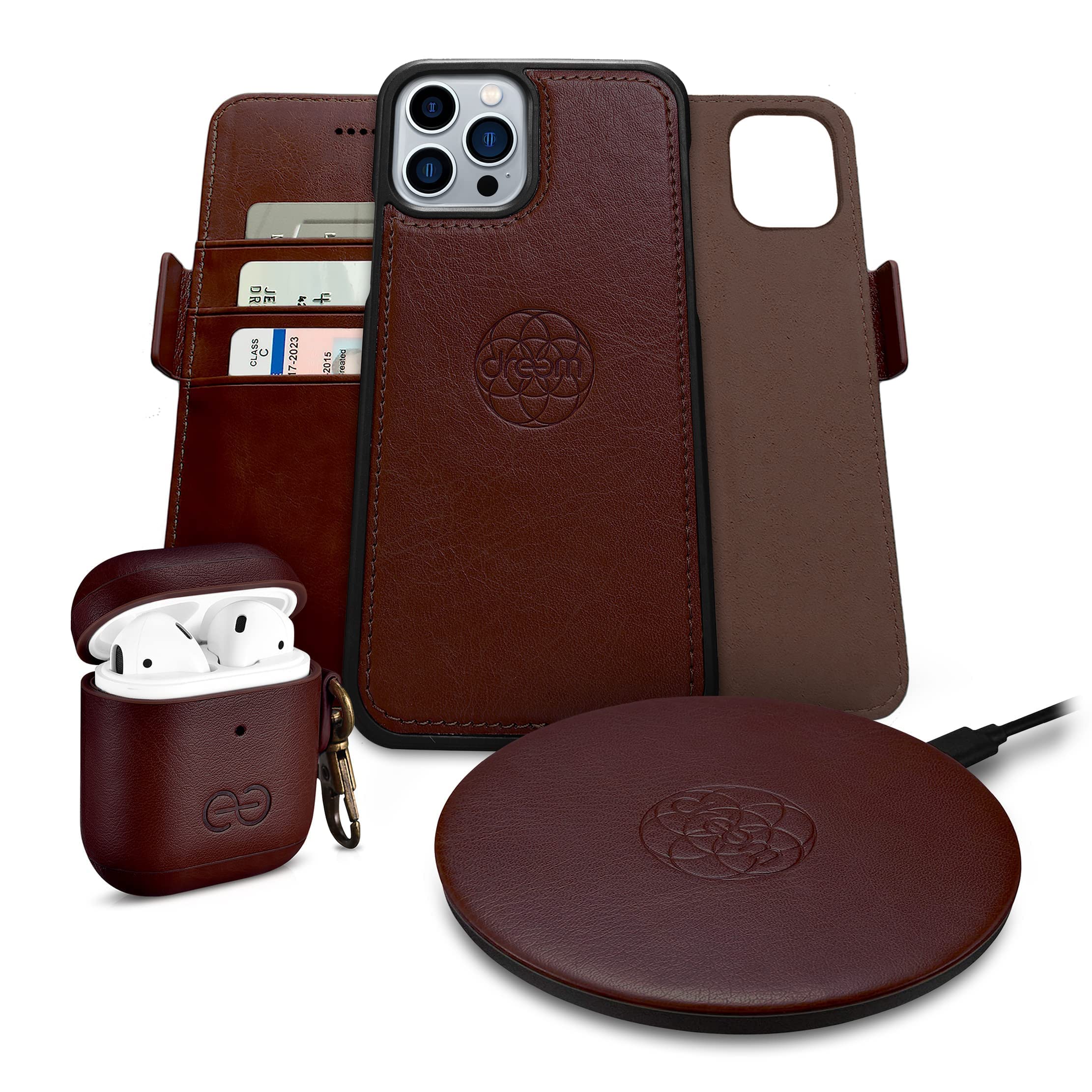 Fibonacci Wallet Case for iPhone 13 Pro with Om AirPods Cover & Beam Wireless Charger - Premium Leather Coffee Brown - Perfect for Travel, Work & Daily Use